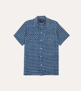 Navy Gingham Check Block Print Cotton Camp Collar Short Sleeve Shirt No Slip Shoulder Grip