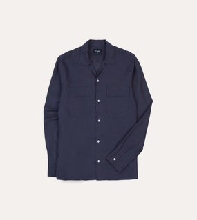 Fashion-Forward Edgy Fashion Navy Linen Camp Collar Long Sleeve Shirt
