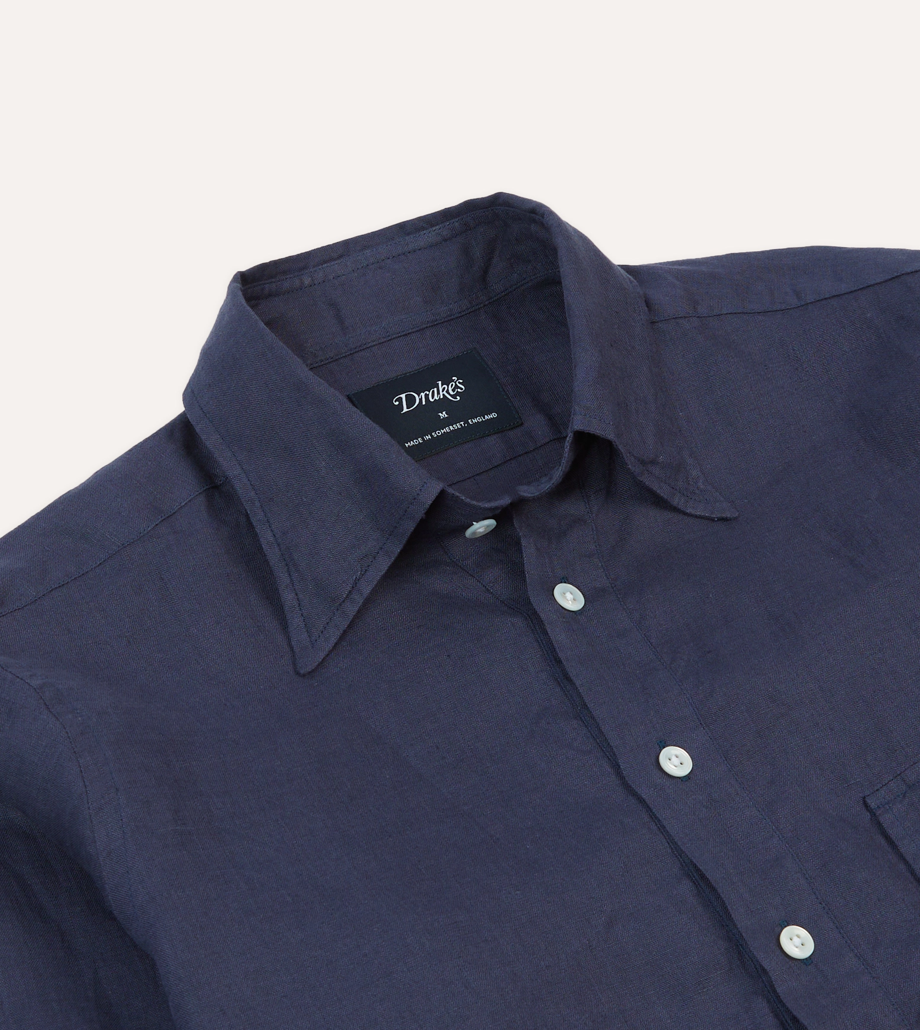 Navy Linen Long Point Collar Popover Shirt Textured Finish Travel Friendly
