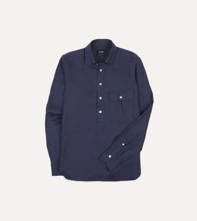 Navy Linen Long Point Collar Popover Shirt Reinforced Shoulders Button Down Design