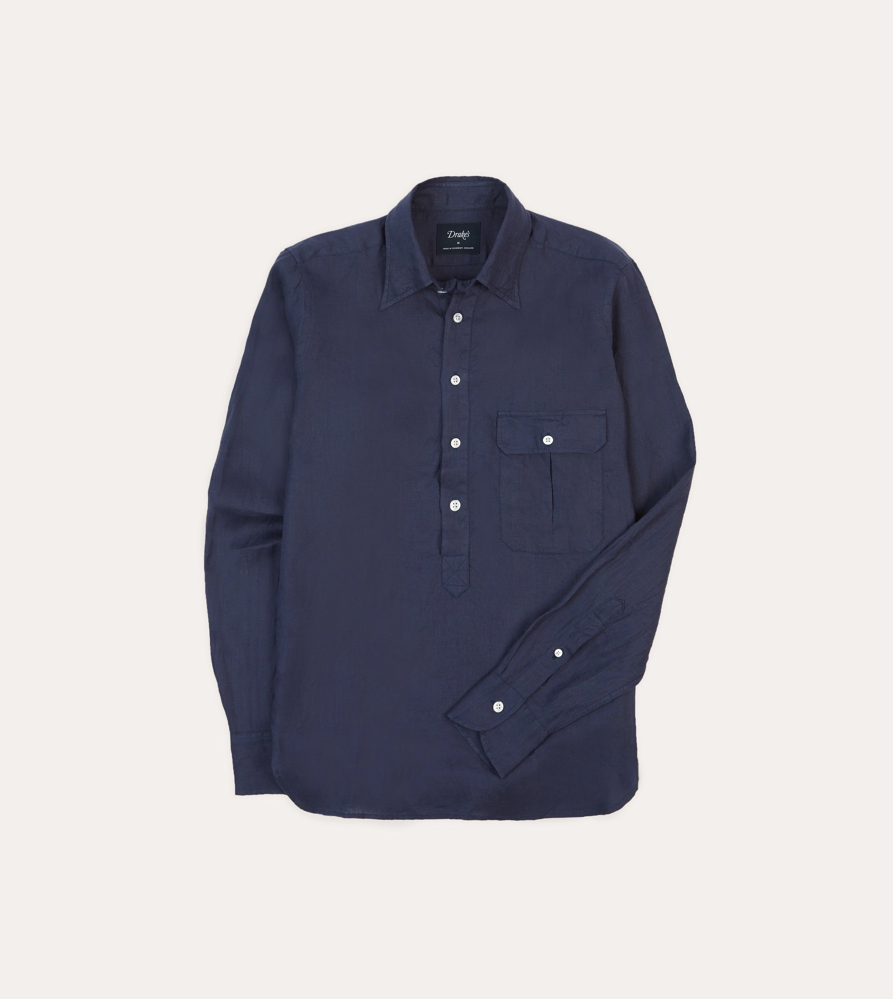 Navy Linen Long Point Collar Popover Shirt Reinforced Shoulders Button Down Design