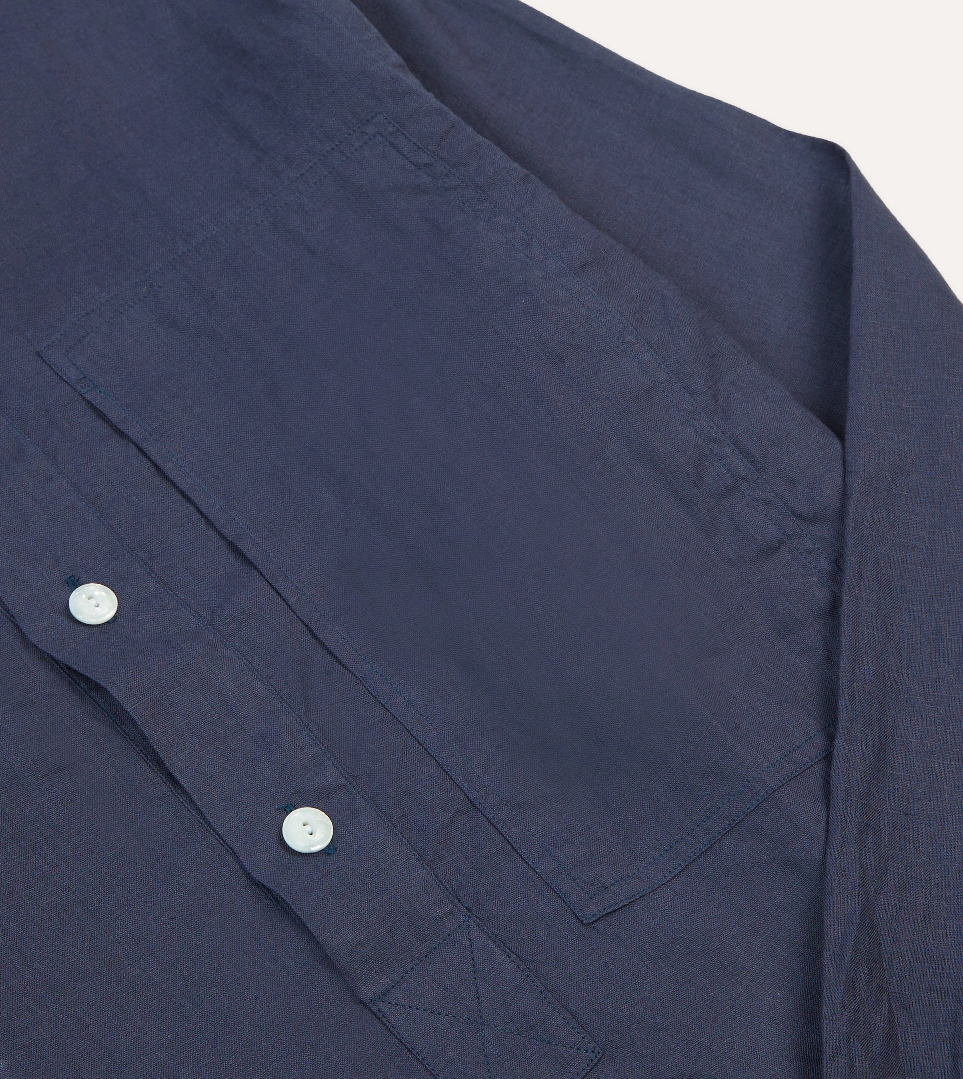 Navy Linen Mandarin Collar Popover Shirt Non Chafe Seams Military Inspired