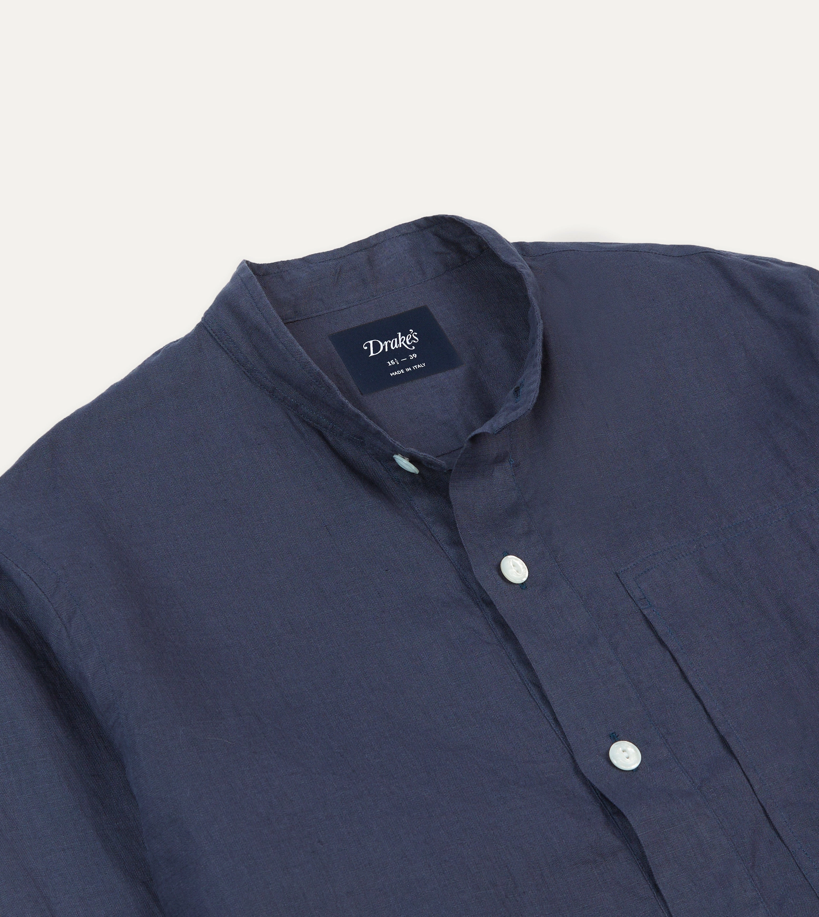 Fashionable Pick High-End Finish Navy Linen Mandarin Collar Popover Shirt