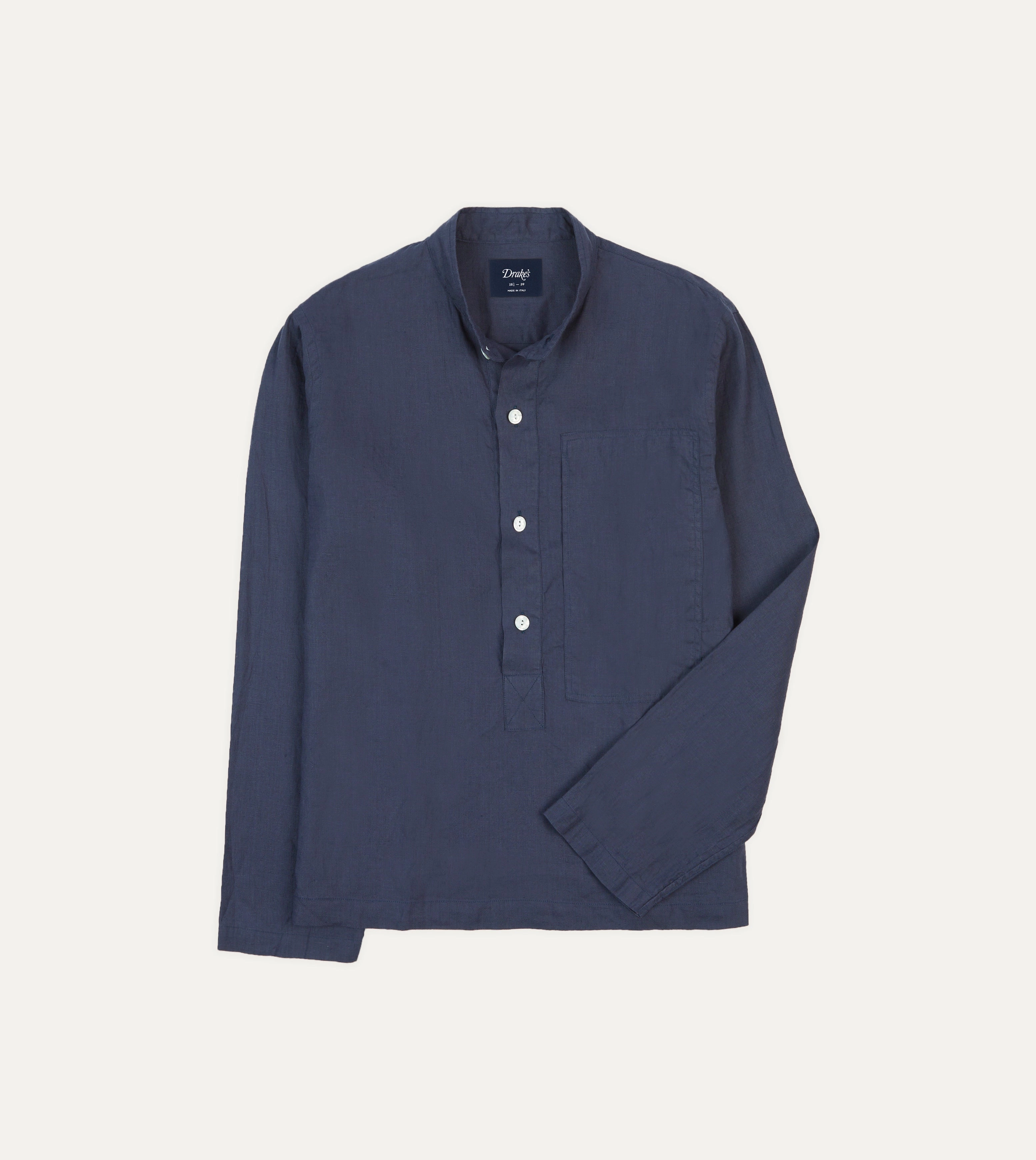 Navy Linen Mandarin Collar Popover Shirt Double Stitched Hems