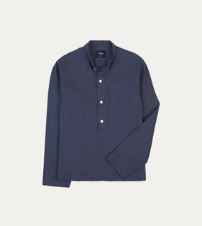 Navy Linen Mandarin Collar Popover Shirt Double Stitched Hems