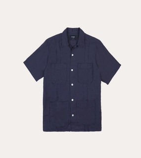 Navy Linen Short Sleeve Cuban Shirt Relaxed Style