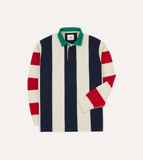 Youthful Style Breathable Design Navy, Red and Ecru Vertical Block Stripe Cotton Rugby Shirt