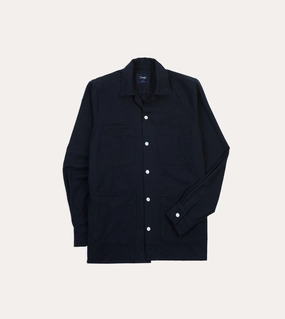Navy Wool Four-Pocket Camp Collar Work Shirt Soft Wear Midweight Textile