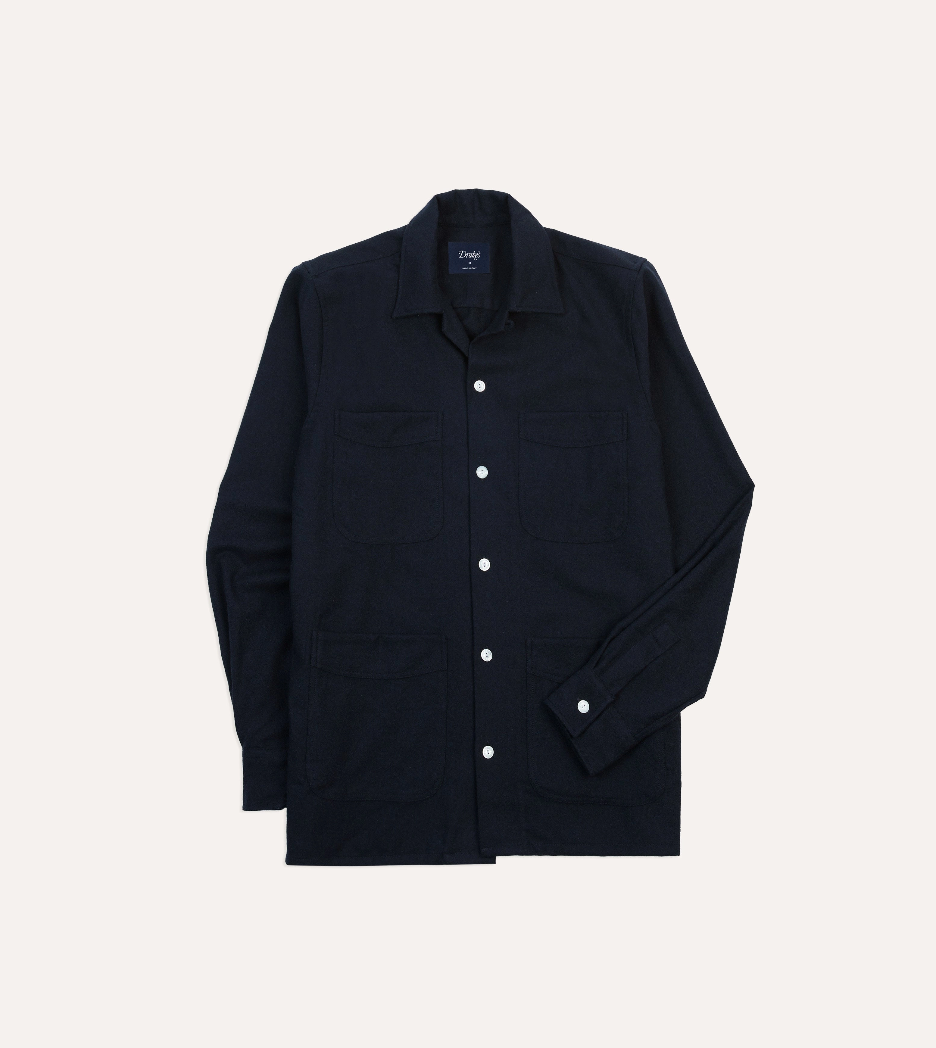 Navy Wool Four-Pocket Camp Collar Work Shirt Soft Wear Midweight Textile