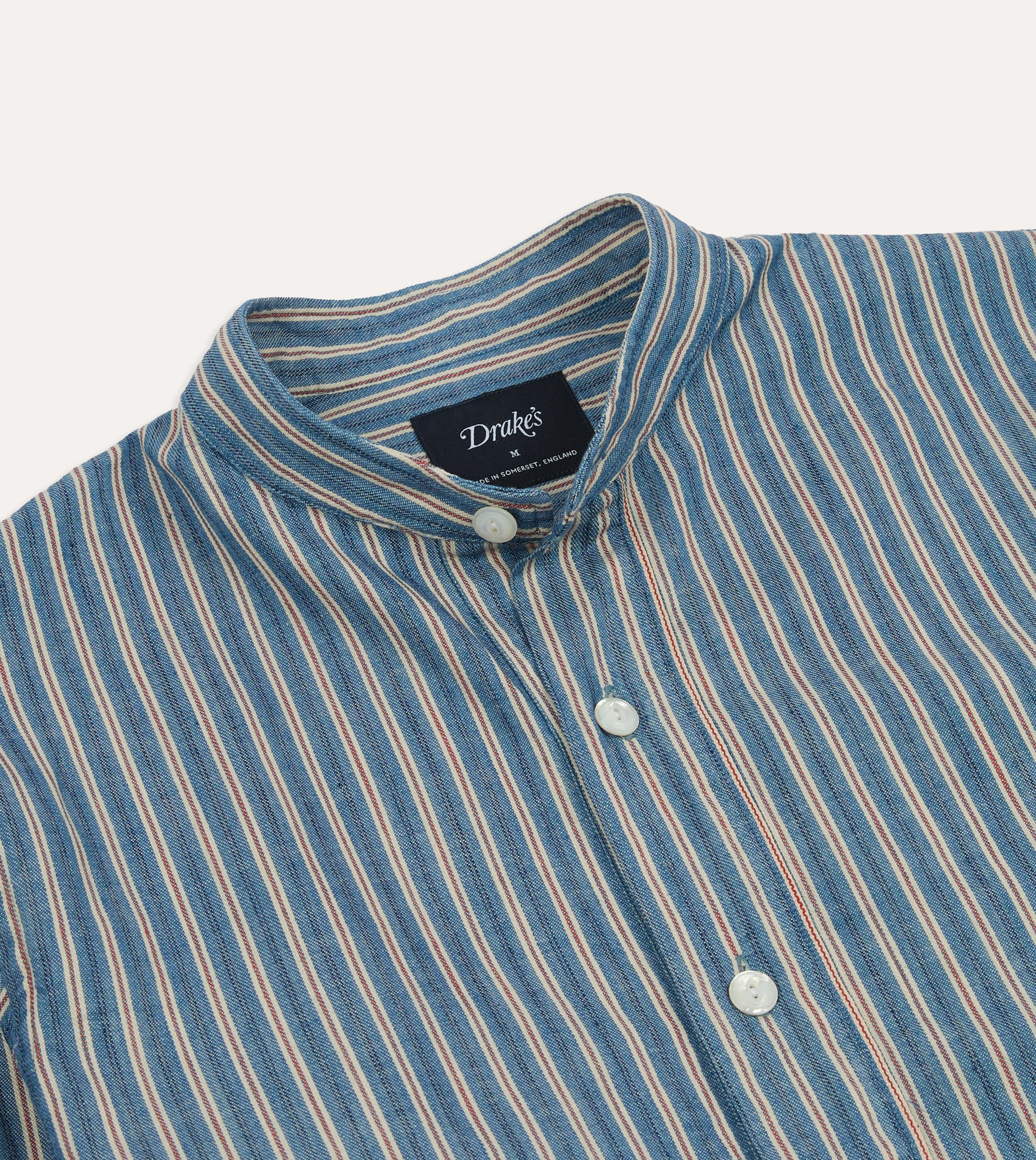 Polished Look Indigo Stripe Cotton Mandarin Collar Popover Shirt