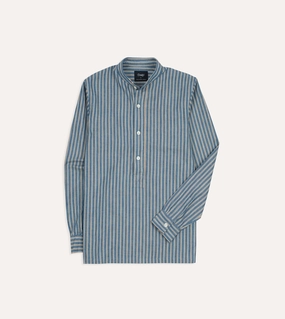 Lounge Comfort Comfortable Layer Indigo Stripe Cotton Mandarin Collar Popover Shirt