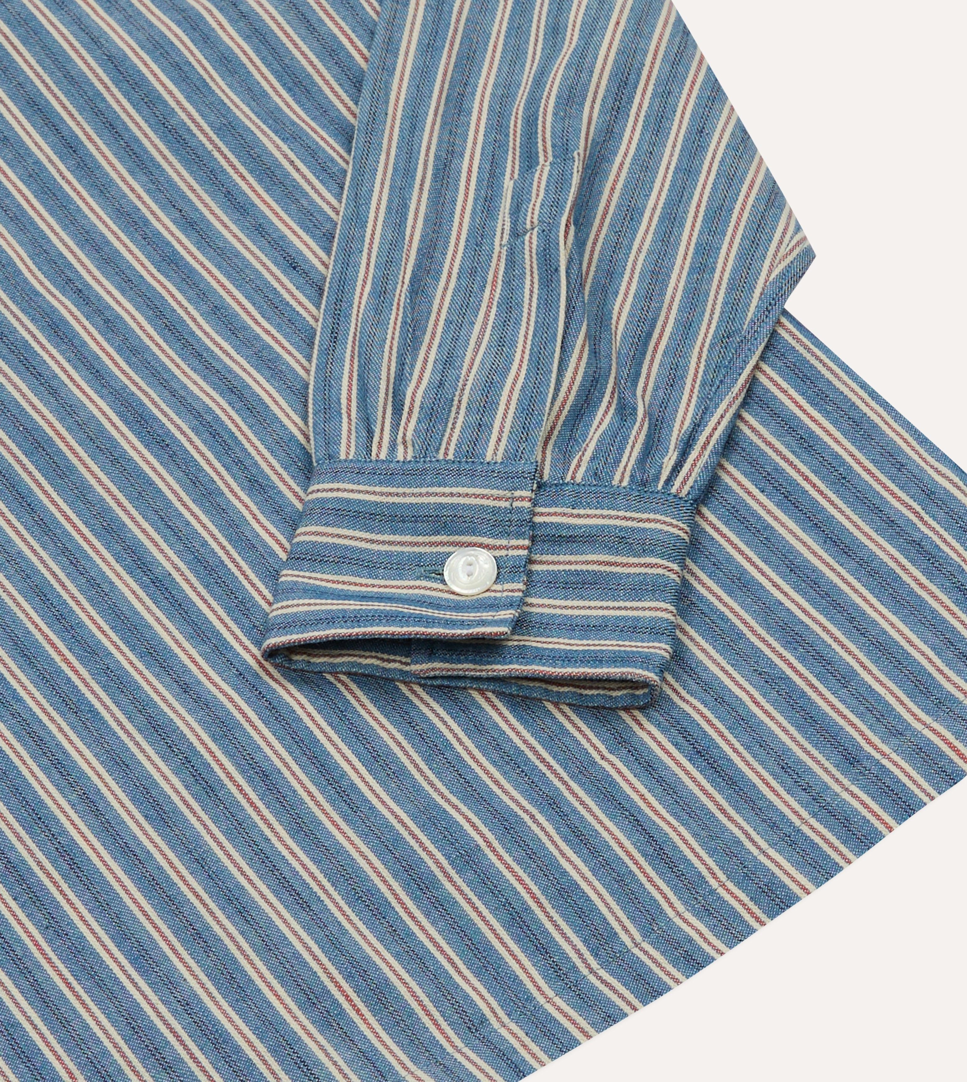 Indigo Stripe Cotton Mandarin Collar Popover Shirt Night Out Double Stitched Hems