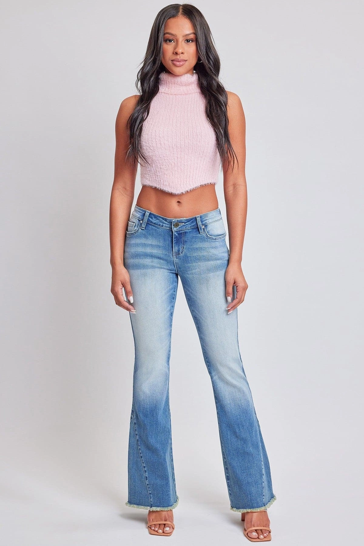 Women's Low Rise Fray Hem Flare Jeans Night Out Parent Style