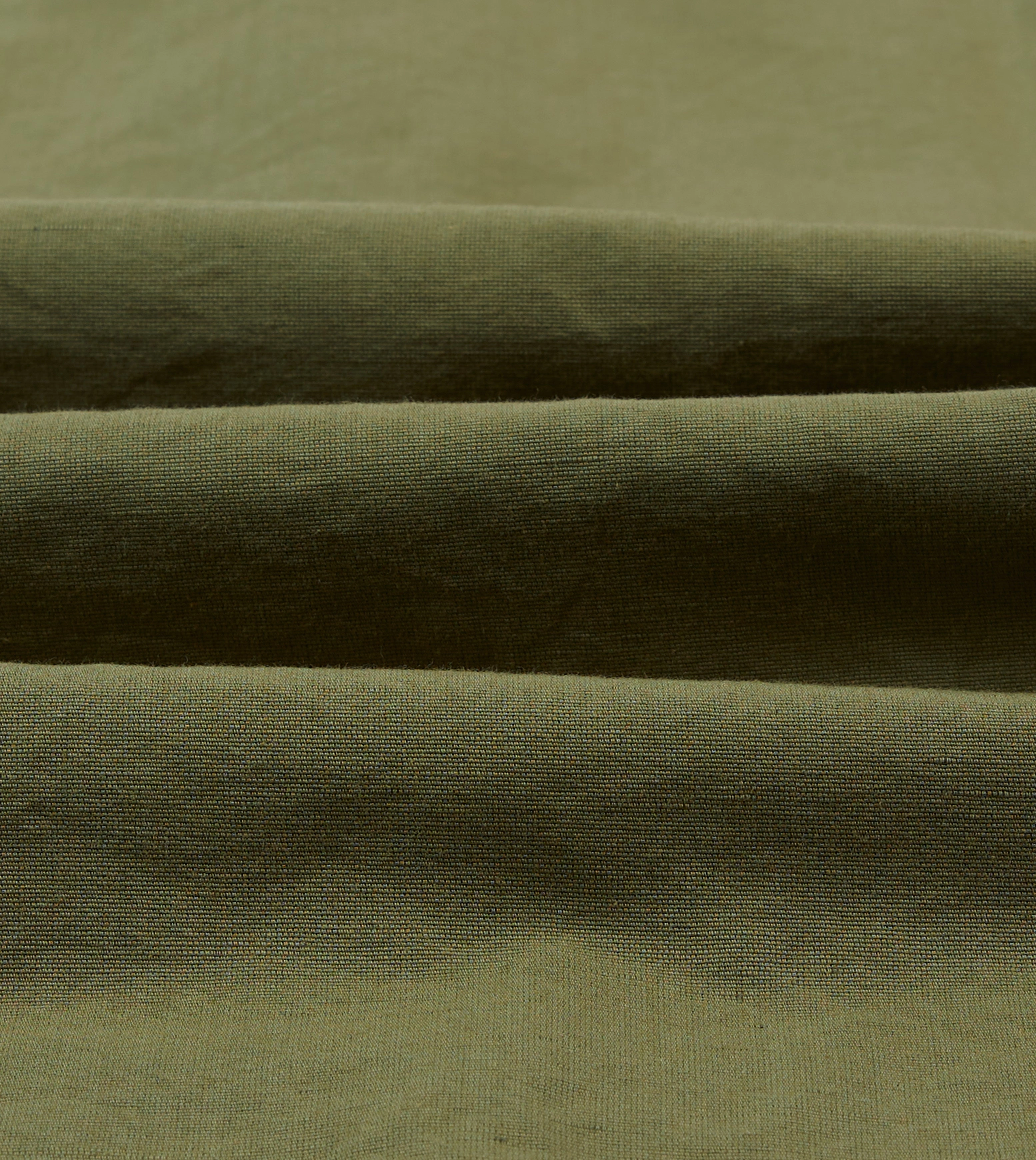 Olive Cotton-Linen Camp Collar Three Pocket Short Sleeve Shirt Fitted Silhouette Unisex Option