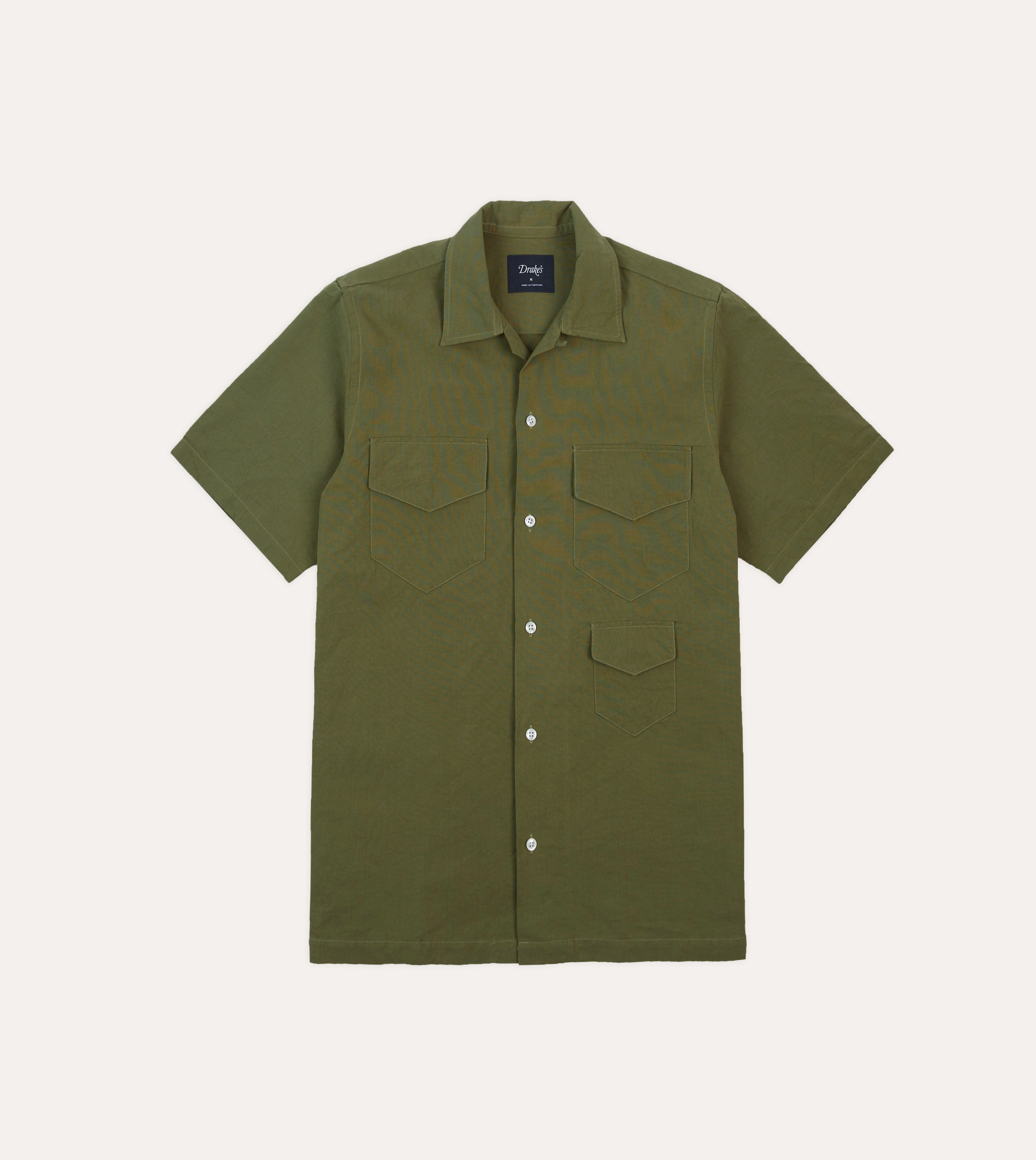 Chill Layer Smooth Seam Finish Olive Cotton-Linen Camp Collar Three Pocket Short Sleeve Shirt
