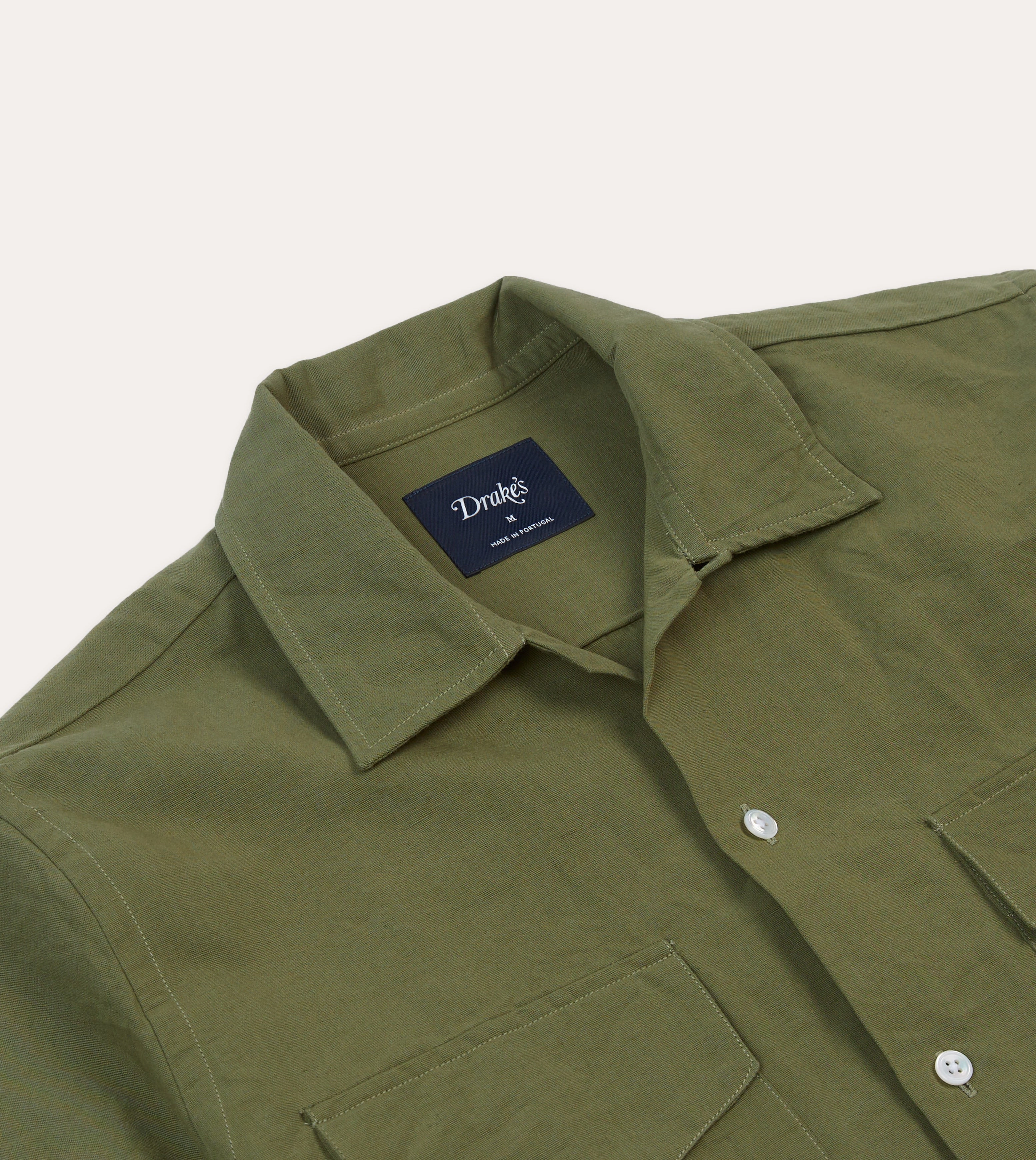 Olive Cotton-Linen Camp Collar Three Pocket Short Sleeve Shirt Fast Drying Tagless Labeling