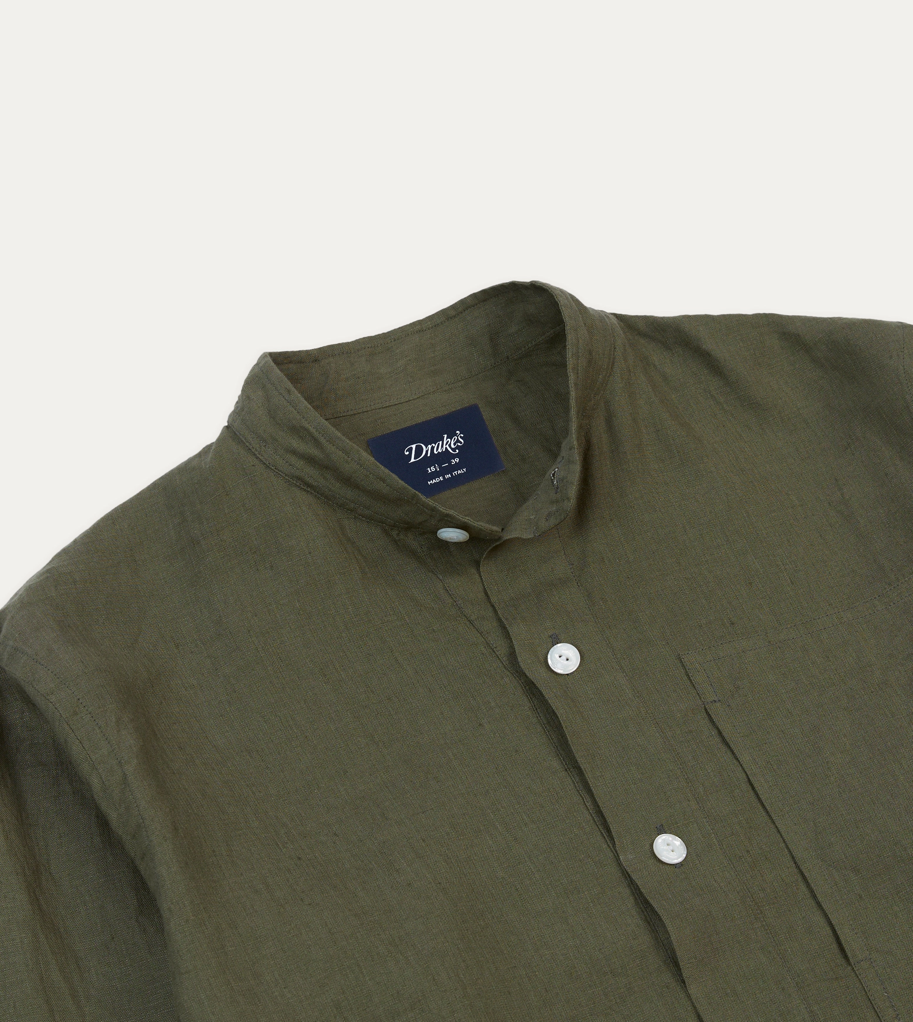 Olive Linen Mandarin Collar Popover Shirt High Neck Everyday Fashion