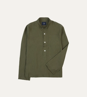 Olive Linen Mandarin Collar Popover Shirt Cozy Option Chambray Fabric