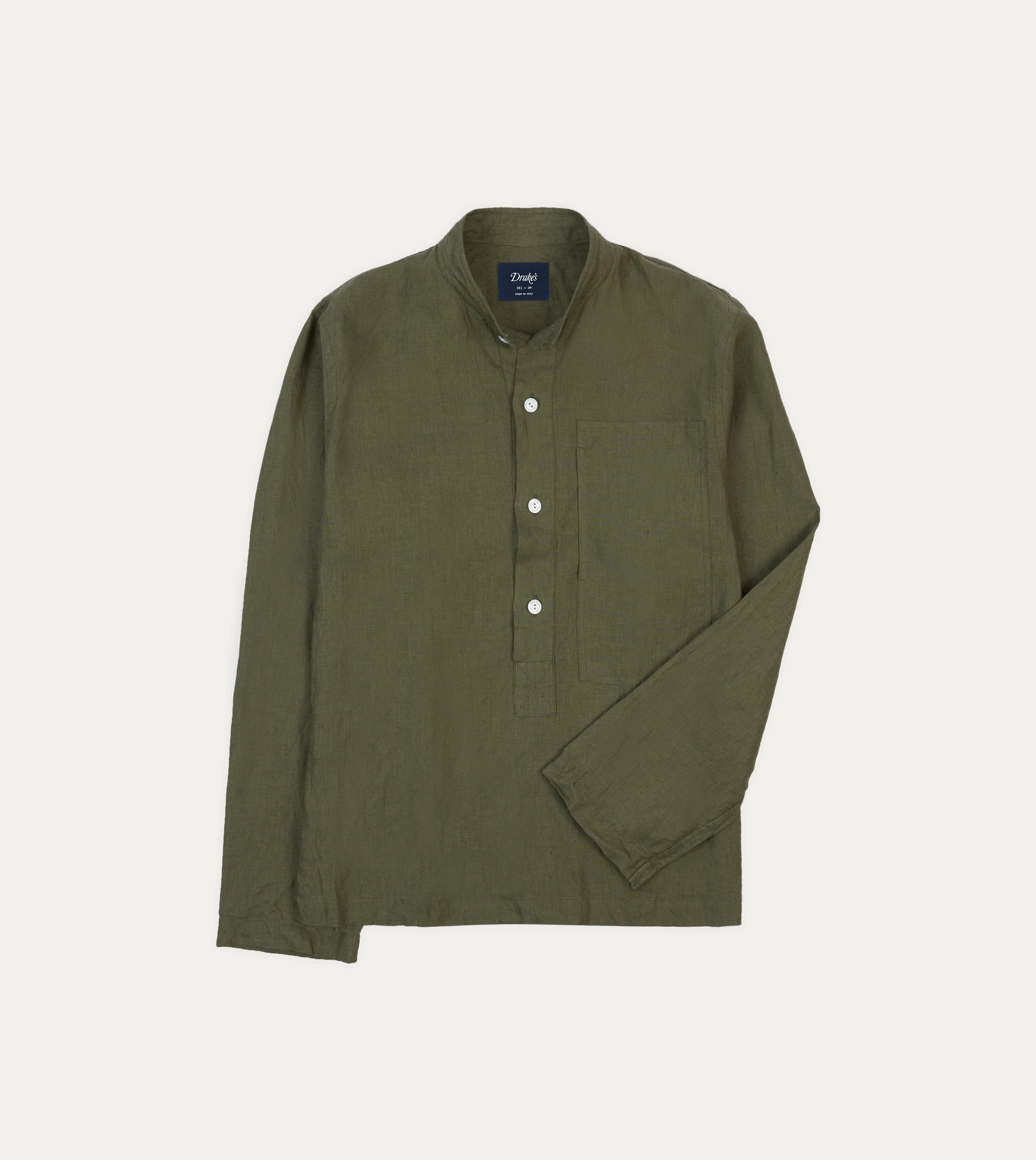 Olive Linen Mandarin Collar Popover Shirt Cozy Option Chambray Fabric