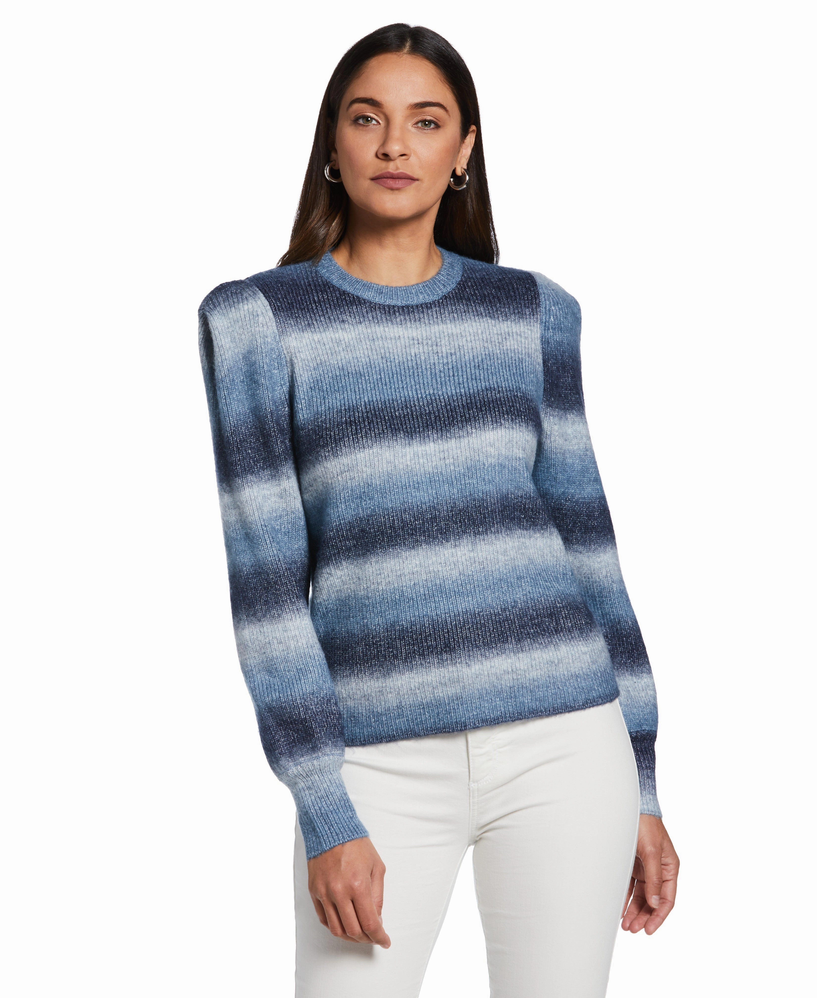Ombre Stripe Puff Sleeve Sweater Casual Knit Layer Eco Conscious Processing