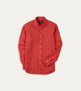 Work Appropriate Solid Hue Red Linen Spread Collar Shirt