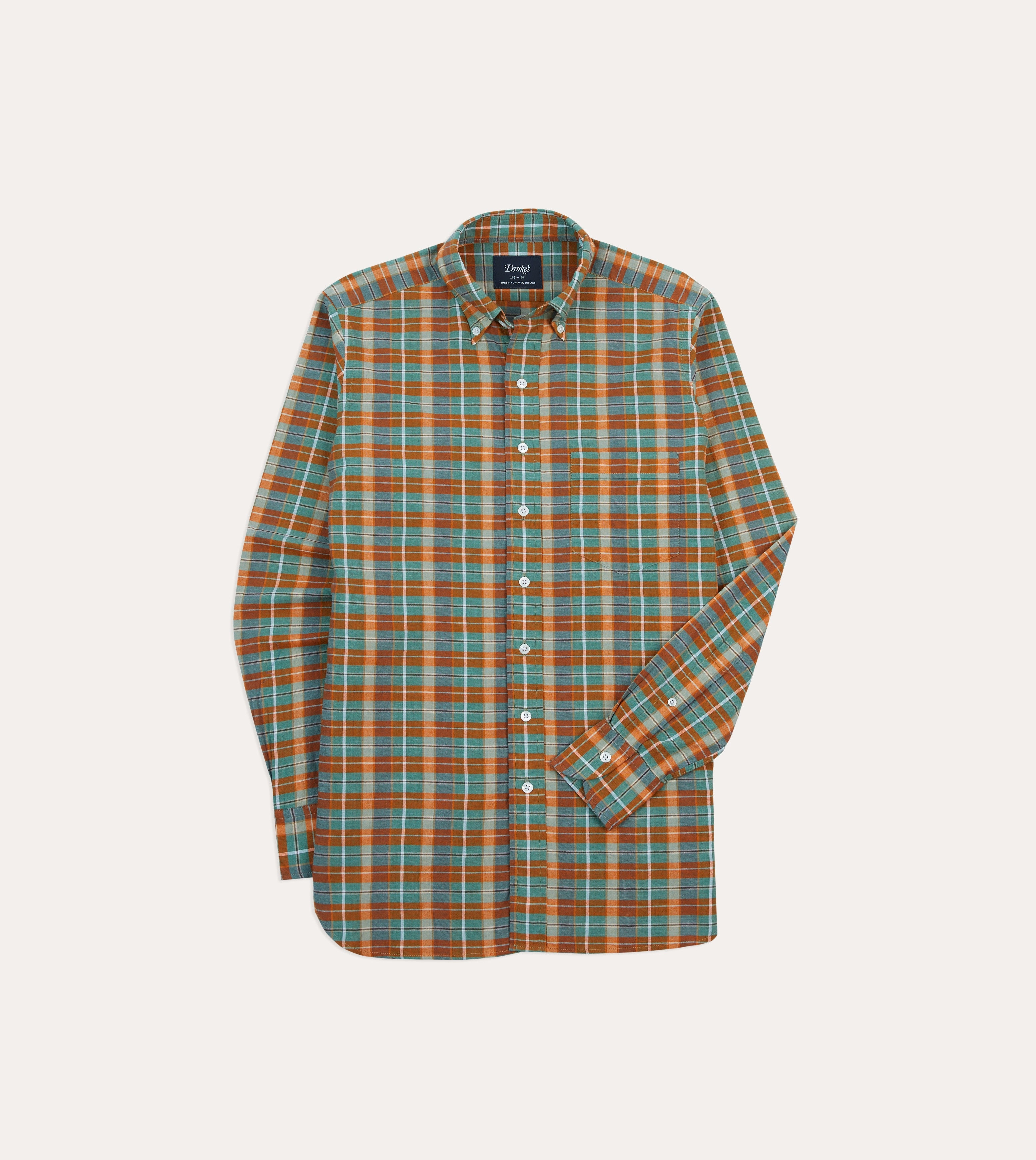 Functional Comfort Orange and Blue Madras Check Cotton Button-Down Shirt