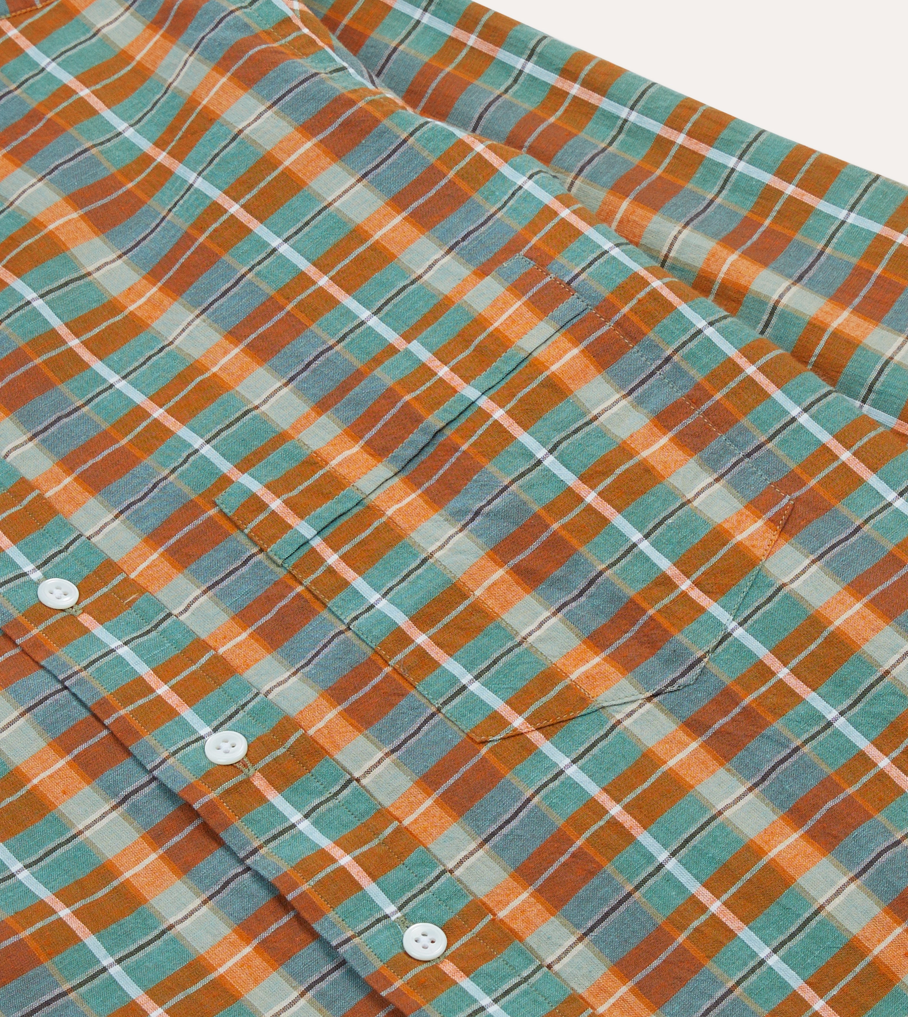 Orange and Blue Madras Check Cotton Button-Down Shirt Lightweight Weave