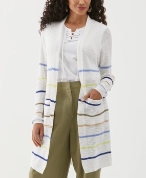 Organic Cotton-Linen Blend Striped Duster Cardigan Sweater Plush Inner Lining