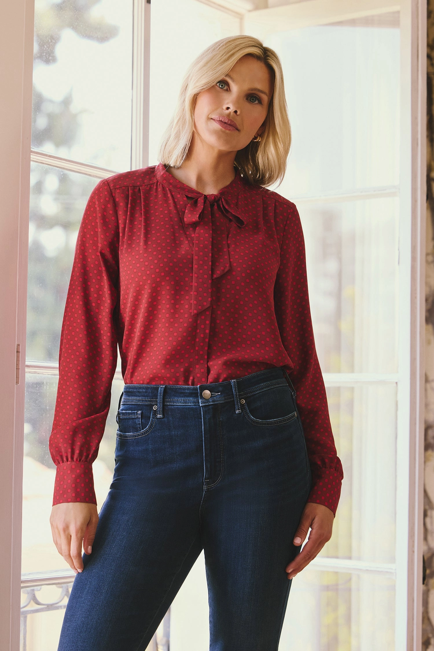 Casual Option Tie-Neck Blouse - Claret Dots