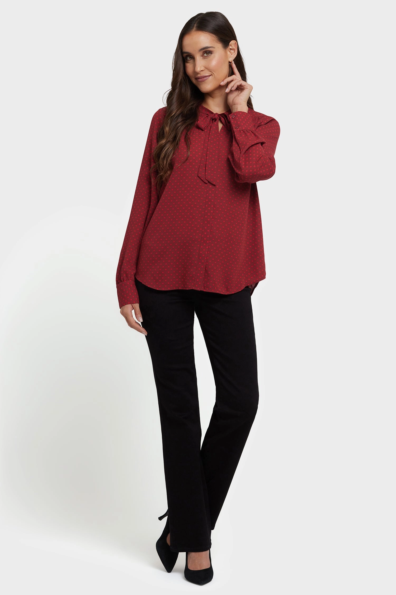 Tie-Neck Blouse - Claret Dots Cozy Fit Micro Perforated Texture