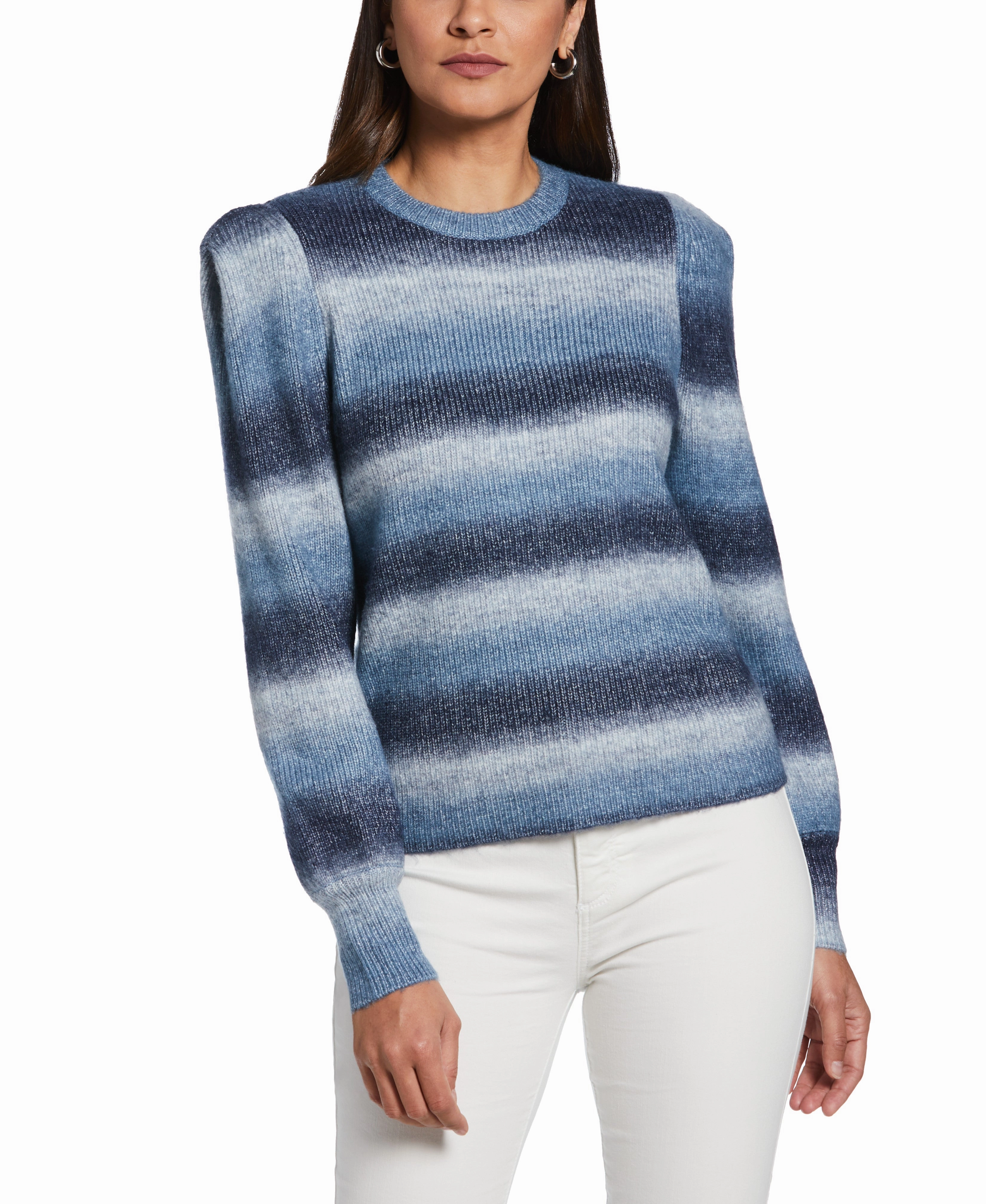 Comfy Performance Effortless knitwear Ombre Stripe Puff Sleeve Sweater