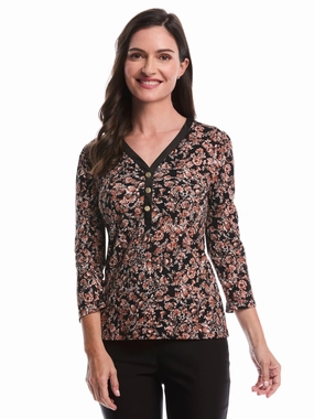 Petite Floral Print 3/4 Puff Sleeve V-Neck Top Seasonal Comfort Comfy Knitwear Look