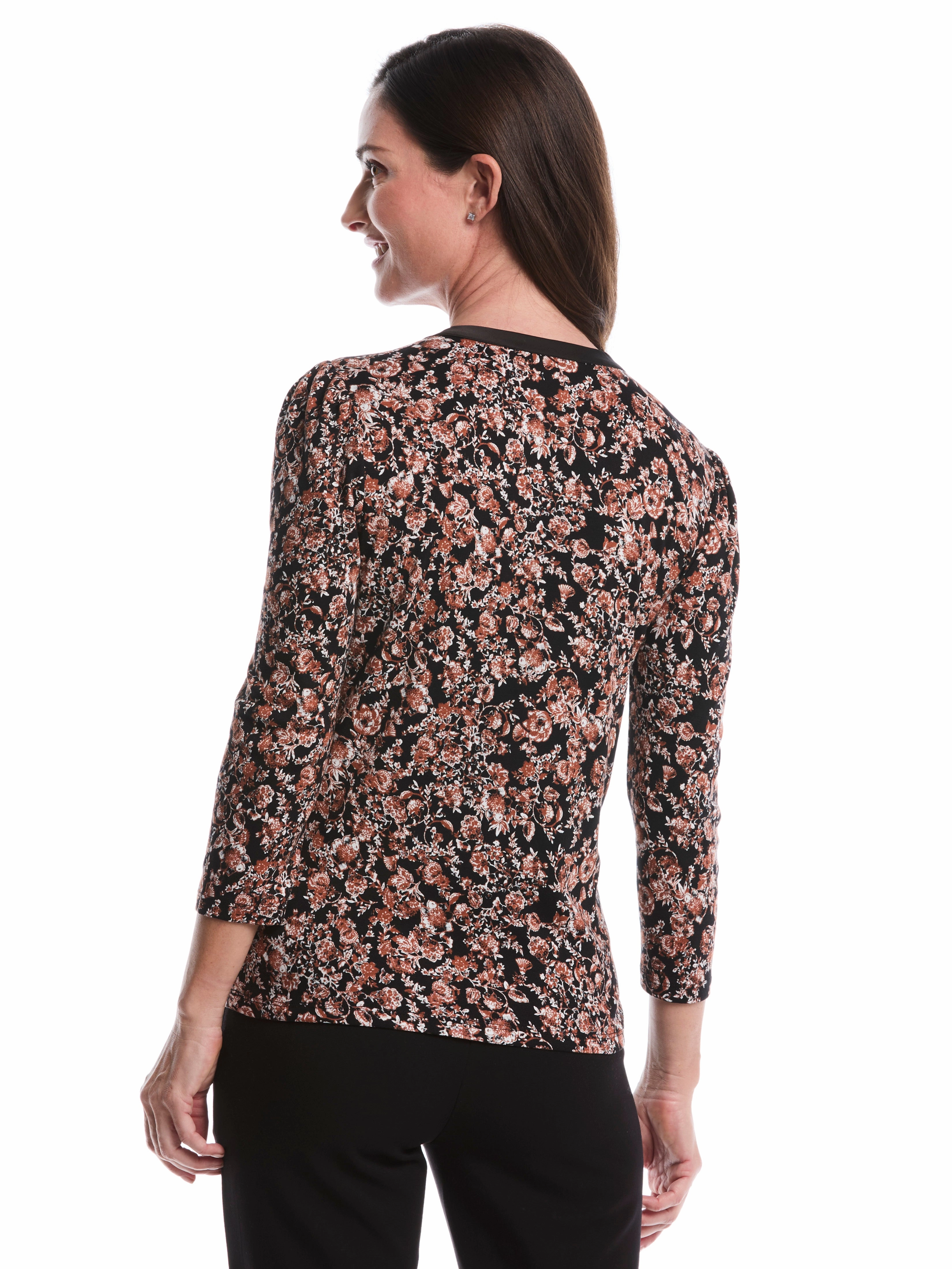 Trendy Layers Petite Floral Print 3/4 Puff Sleeve V-Neck Top
