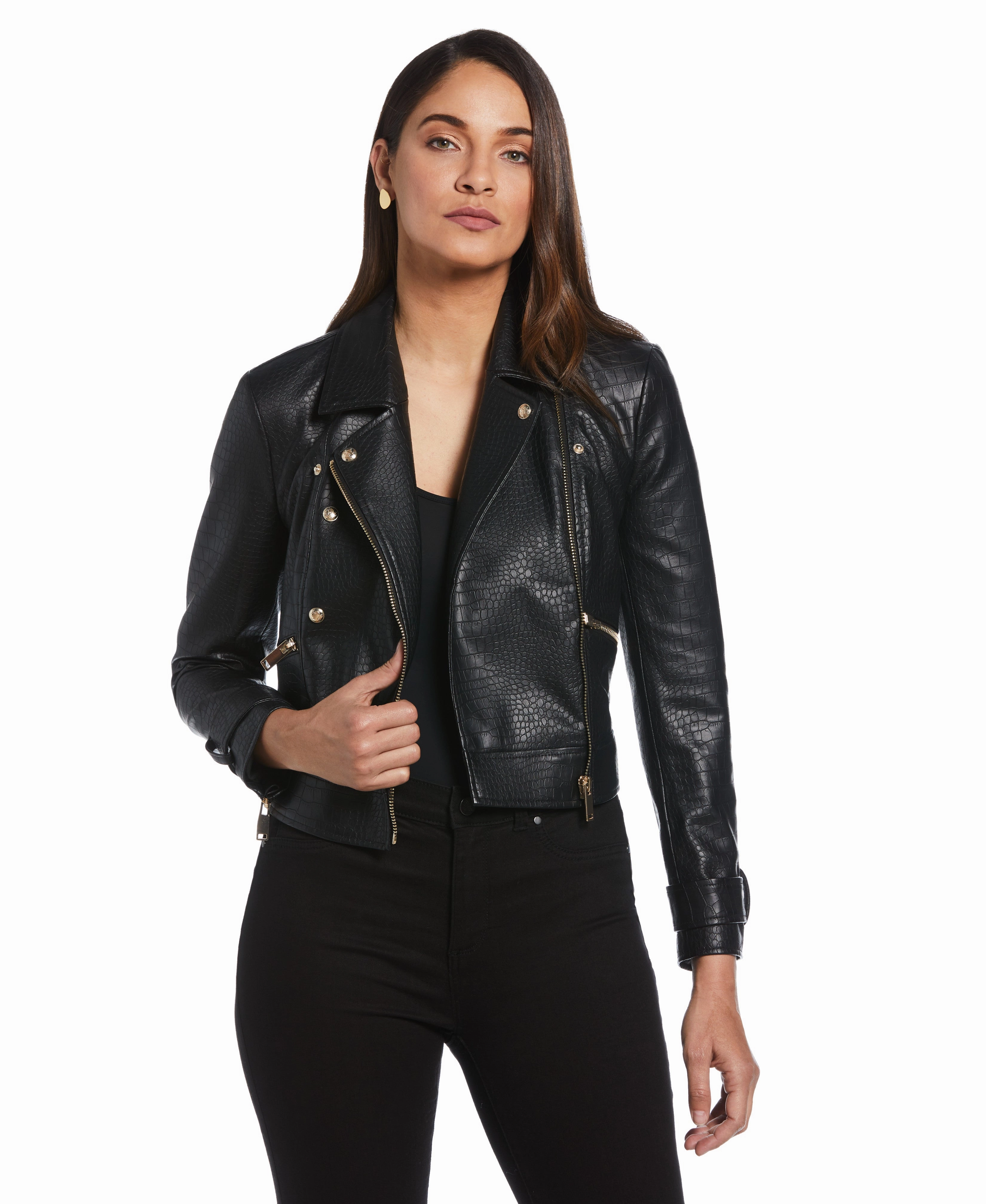Petite Vegan Leather Moto Jacket Stylish Knit Layer Turtleneck
