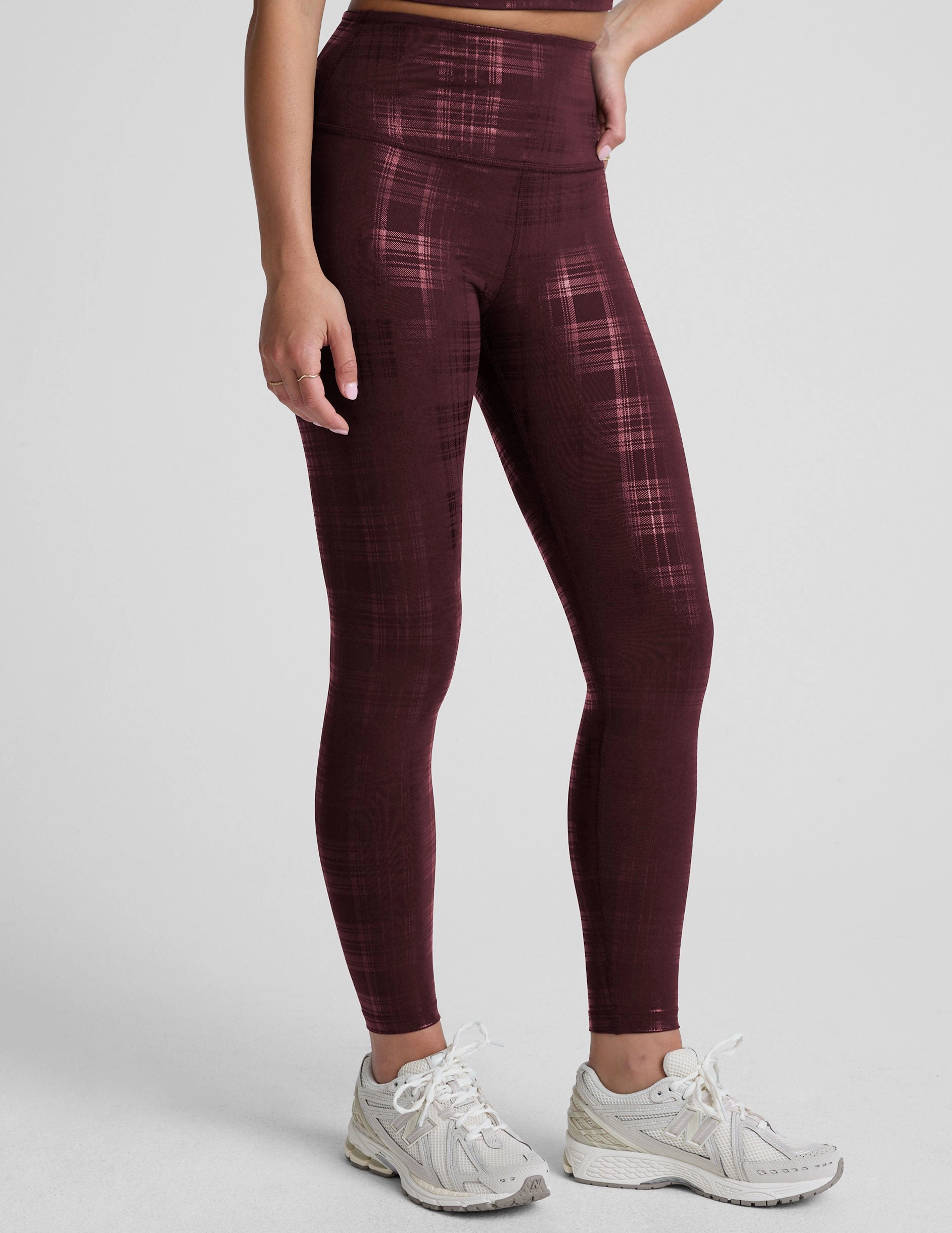 Fitness Lover Stretch Fit Plaid Foil Burgundy High Waisted Midi Legging