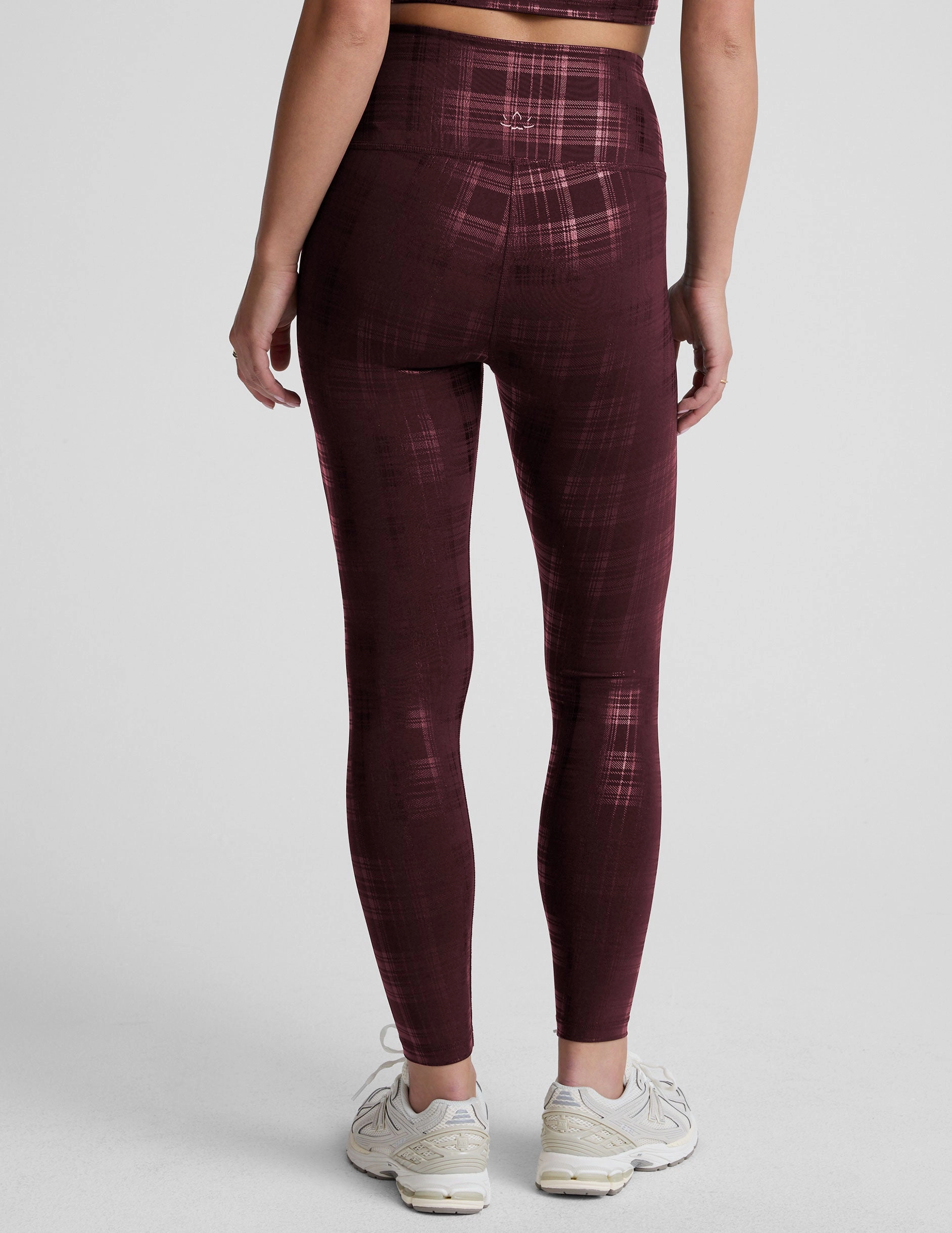 Rib Knit Beginner Level Plaid Foil Burgundy High Waisted Midi Legging