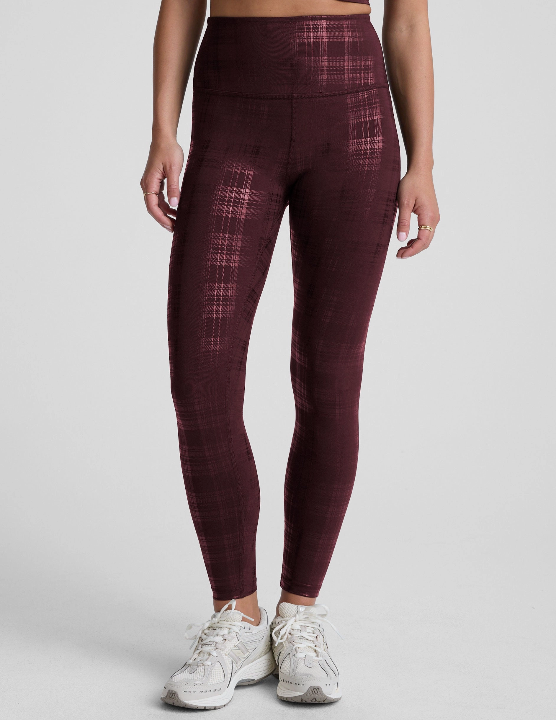 High Waist Comfort Seeker Refined Fabric Plaid Foil Burgundy High Waisted Midi Legging