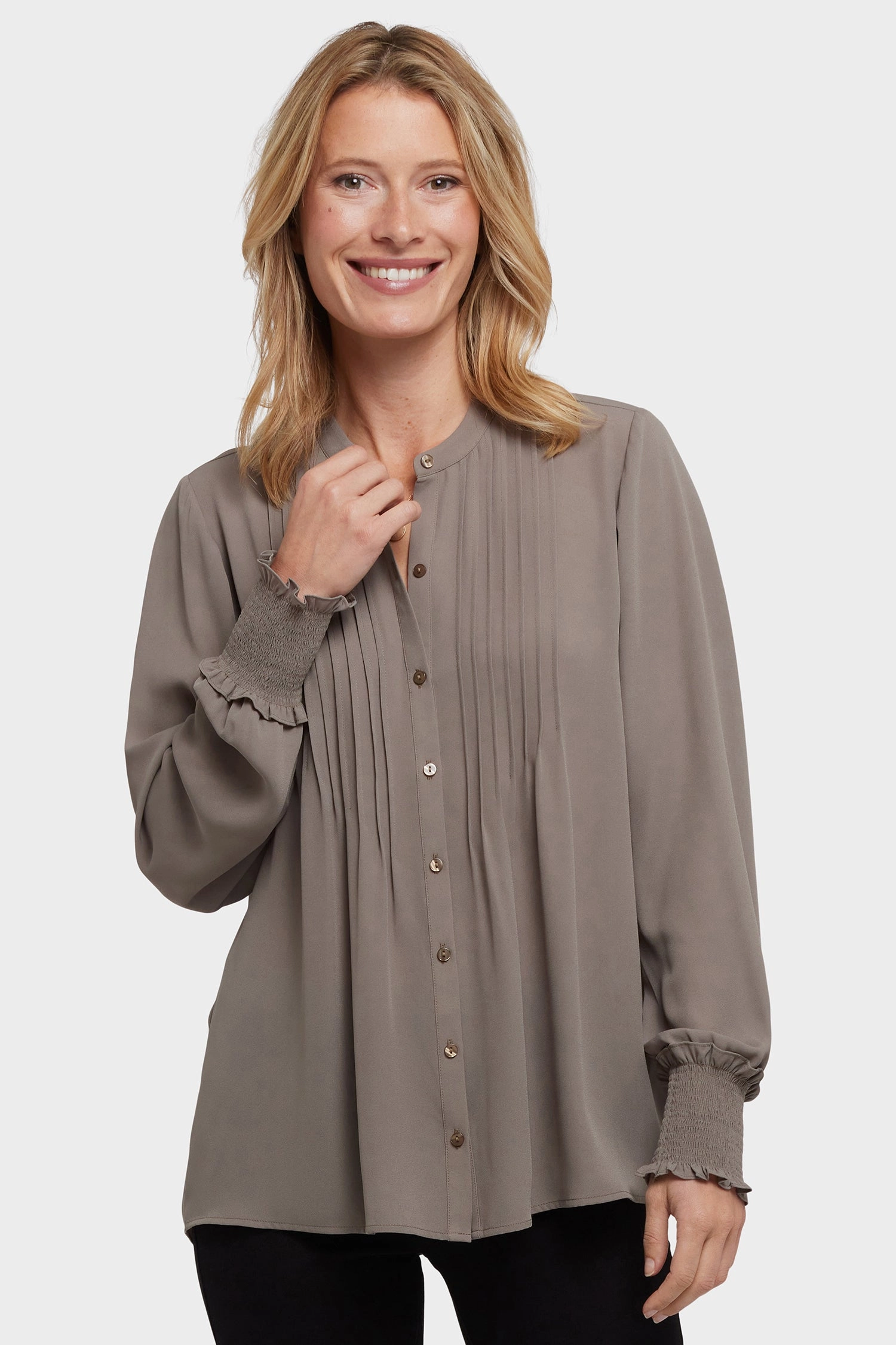 Pleated Peasant Blouse - Dark Wood slim fit
