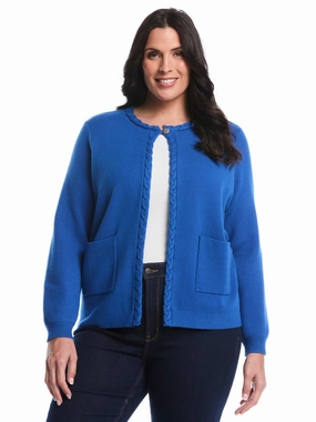 Plus Size Cable Knit Trim Cardigan Cozy Midweight Fabric Simple Warmth