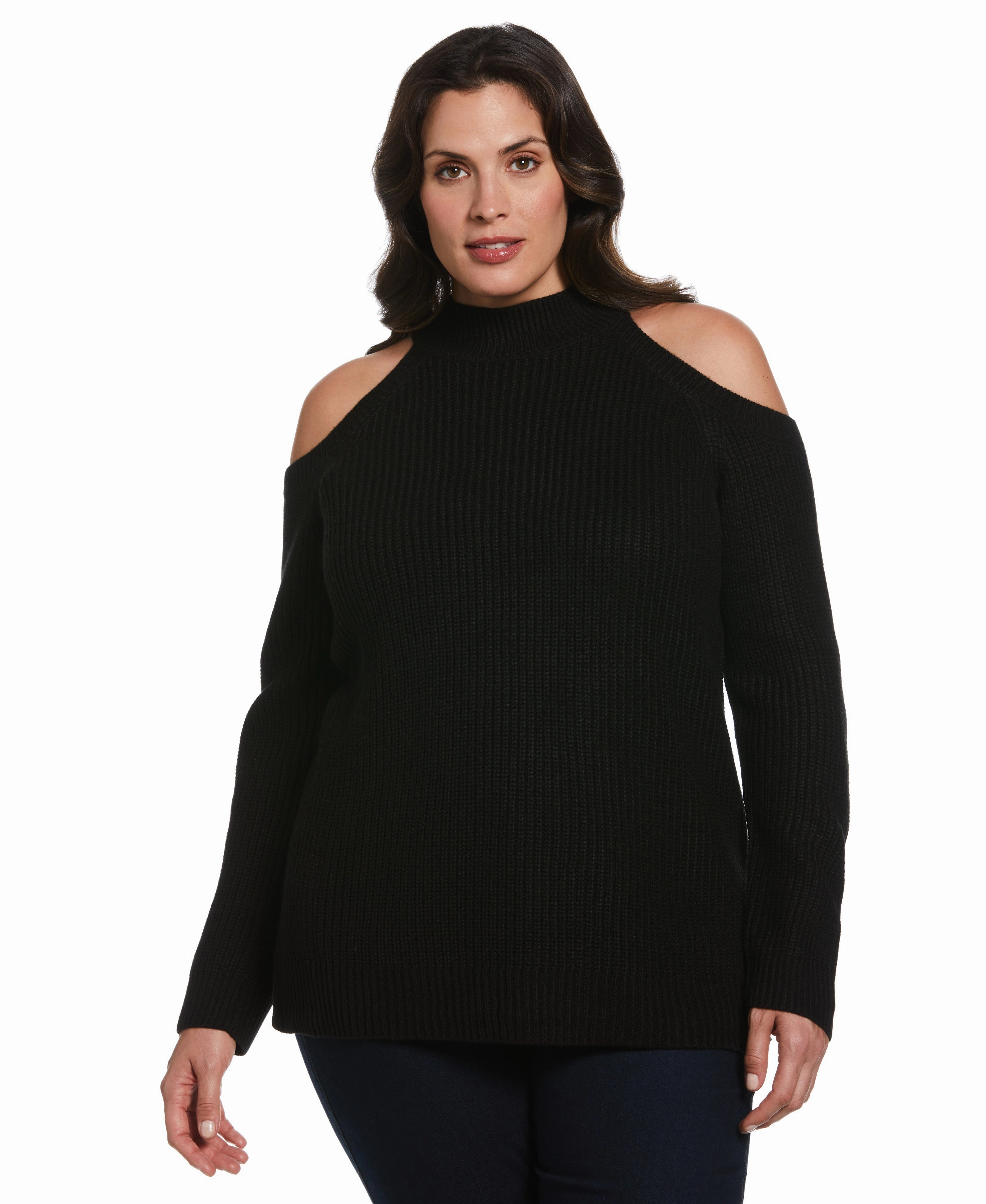Four Way Stretch Fabric Plus Size Cold Shoulder Sweater Tunic