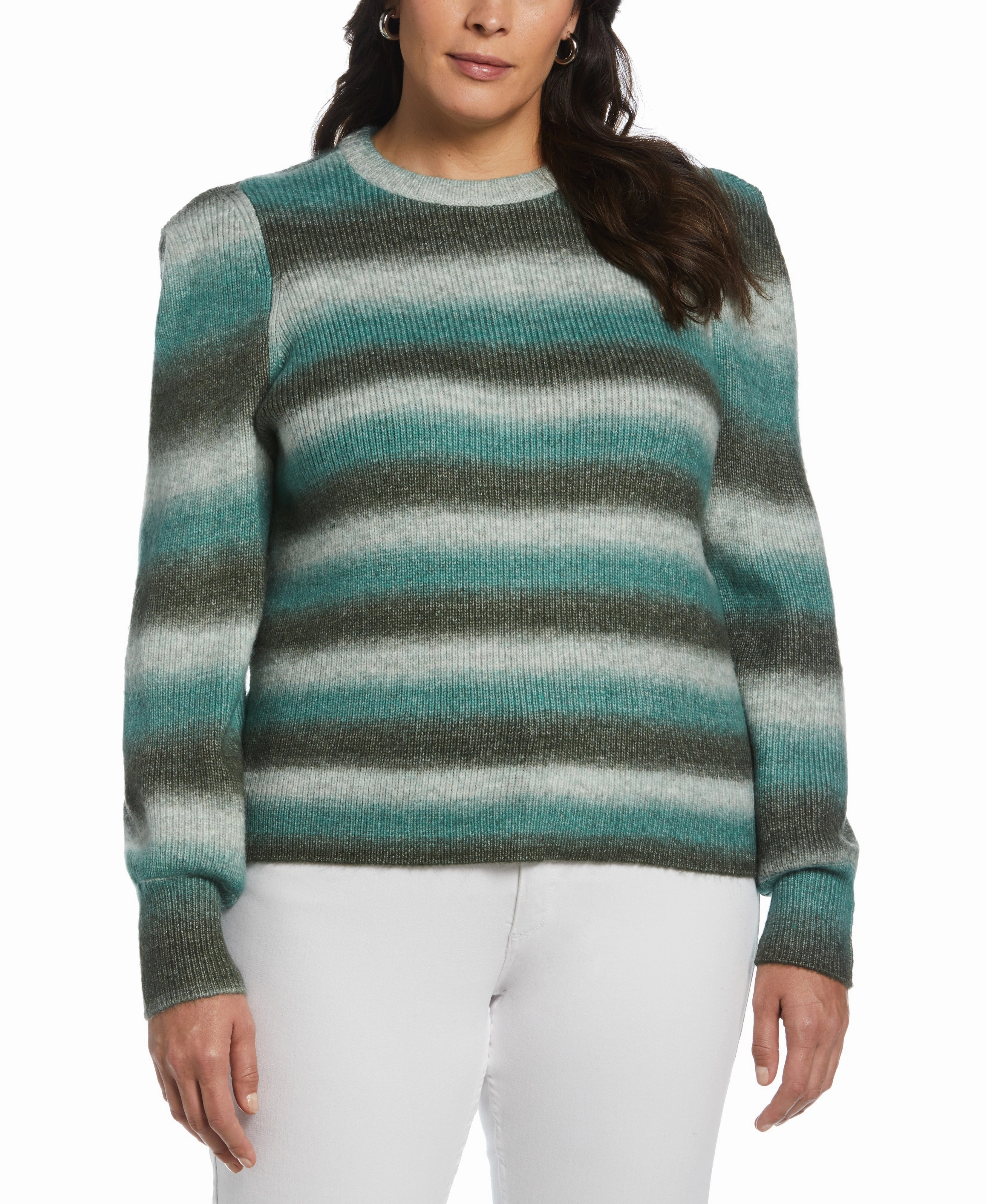 Layered Wearable Plus Size Ombre Stripe Puff Sleeve Sweater