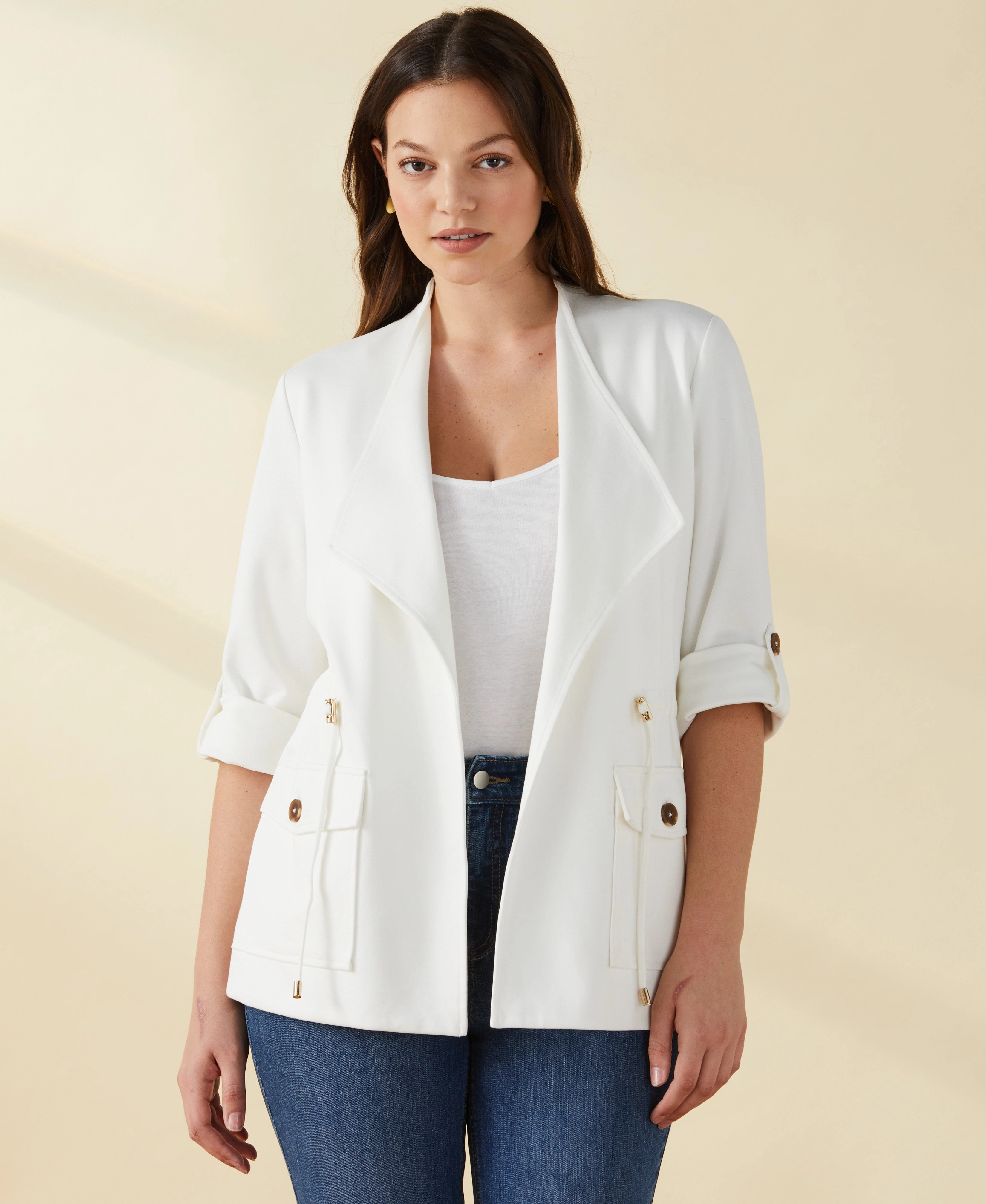 Warm & Soft Ponte Knit Drape Front Jacket