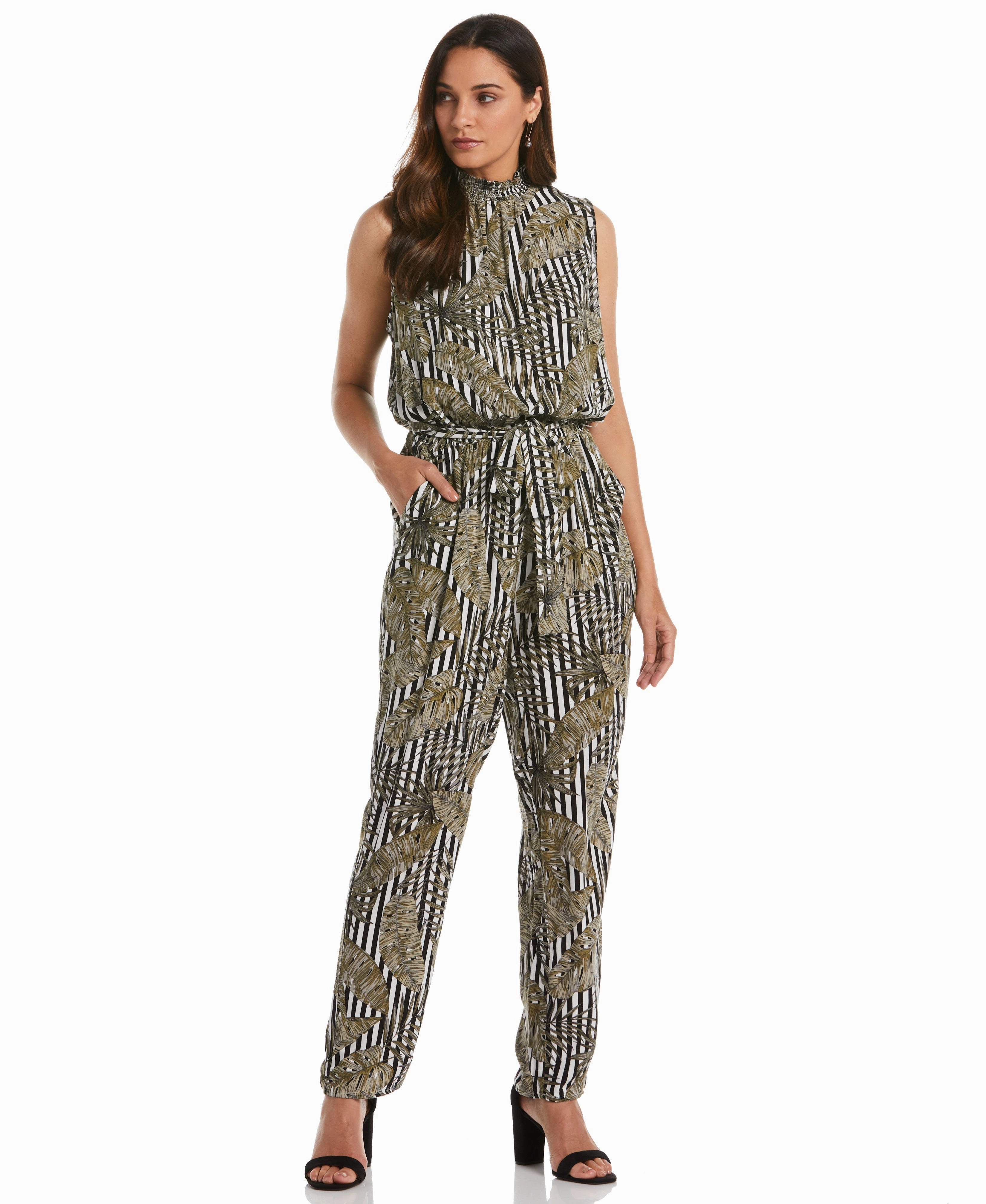 Print Smocked Neck Jumpsuit Reinforced Cuffs Chill Layers