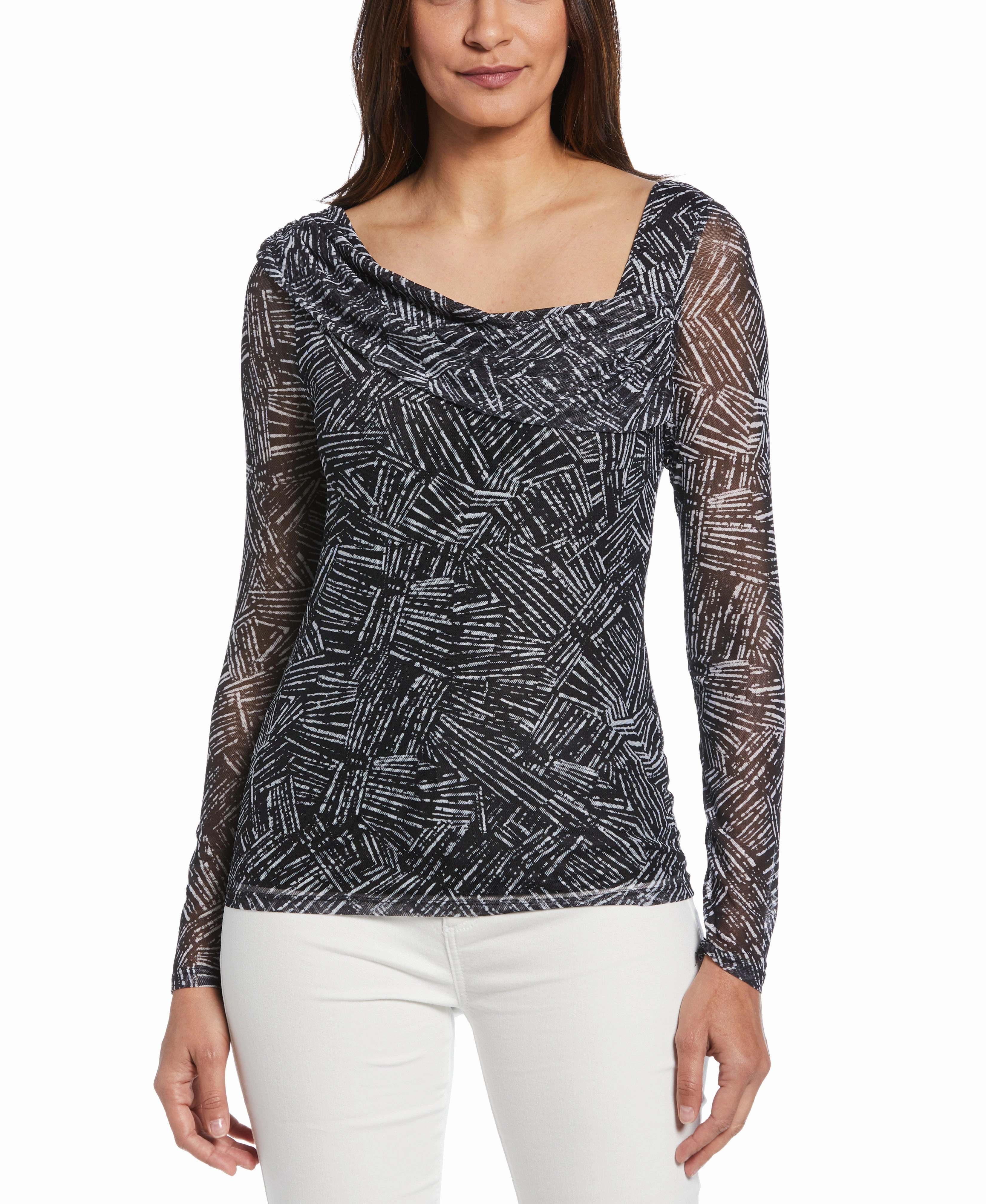 Printed Asymmetrical Mesh Top Versatile Layering Piece