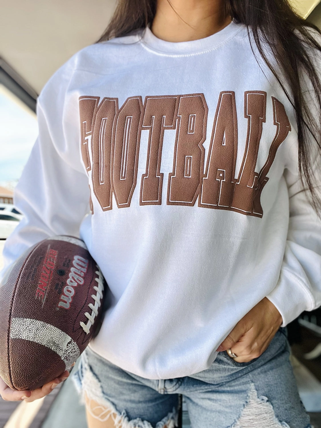 Ribbed Cuffs Puff Print Football Sweatshirt