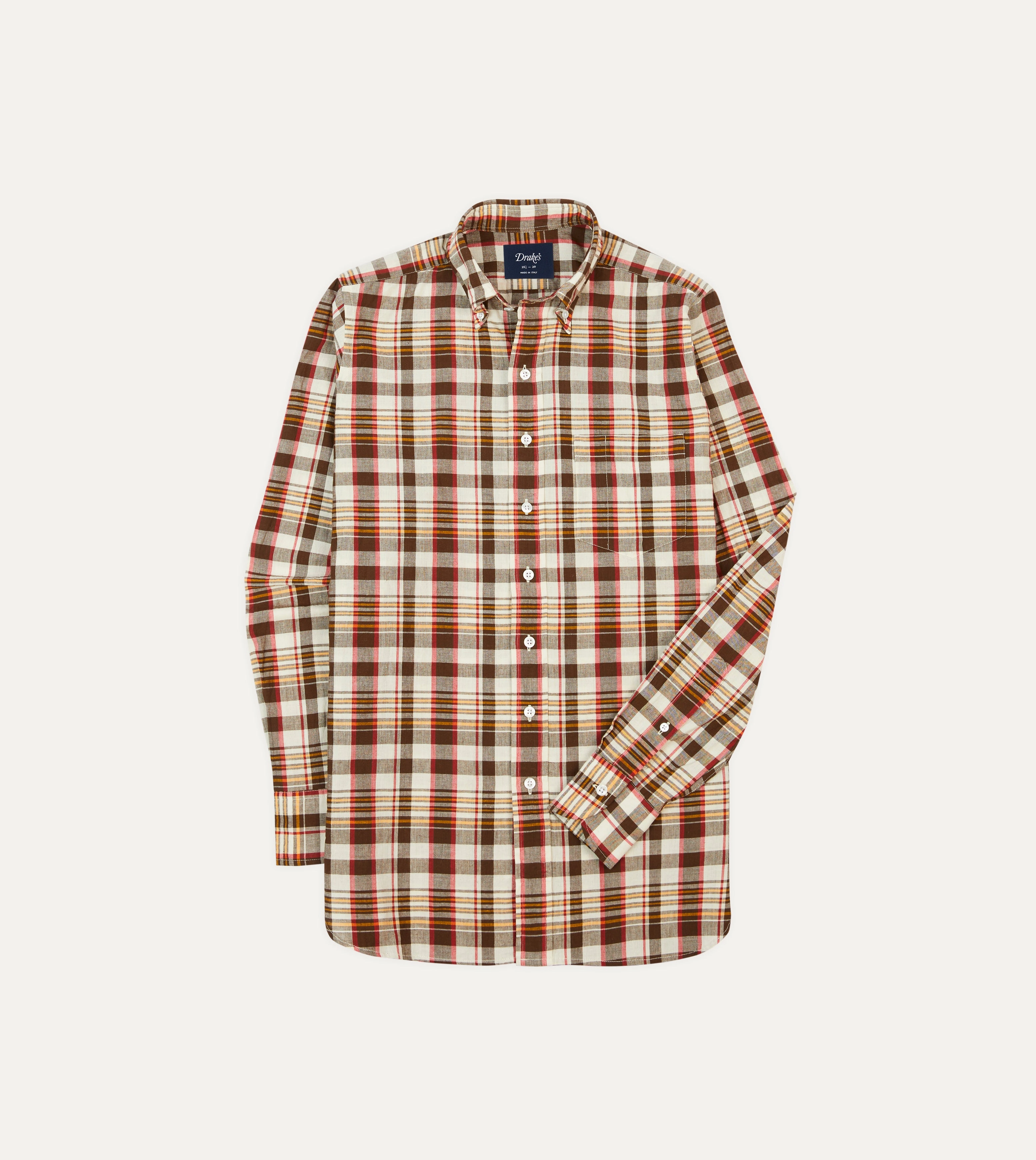 Brown and Red Madras Check Cotton Button-Down Shirt Edgy style Eco-Friendly Choice