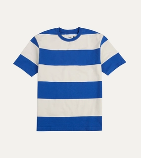 All-Day Comfort Wear Blue and White Wide Stripe Heavy Cotton Crew Neck Hiking T-Shirt