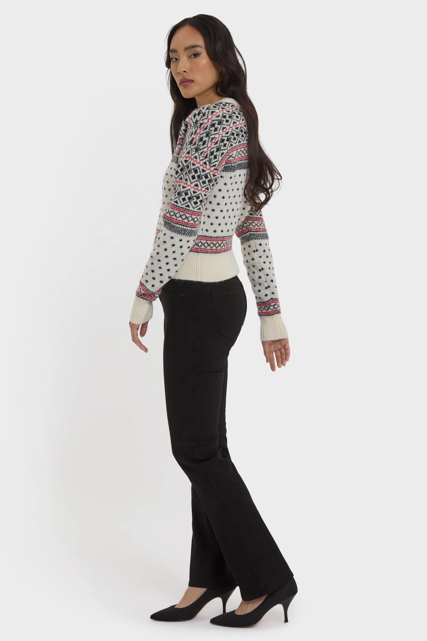 Casual Essentials Loopback Fabric Fairisle Pullover Sweater - Ivory Black