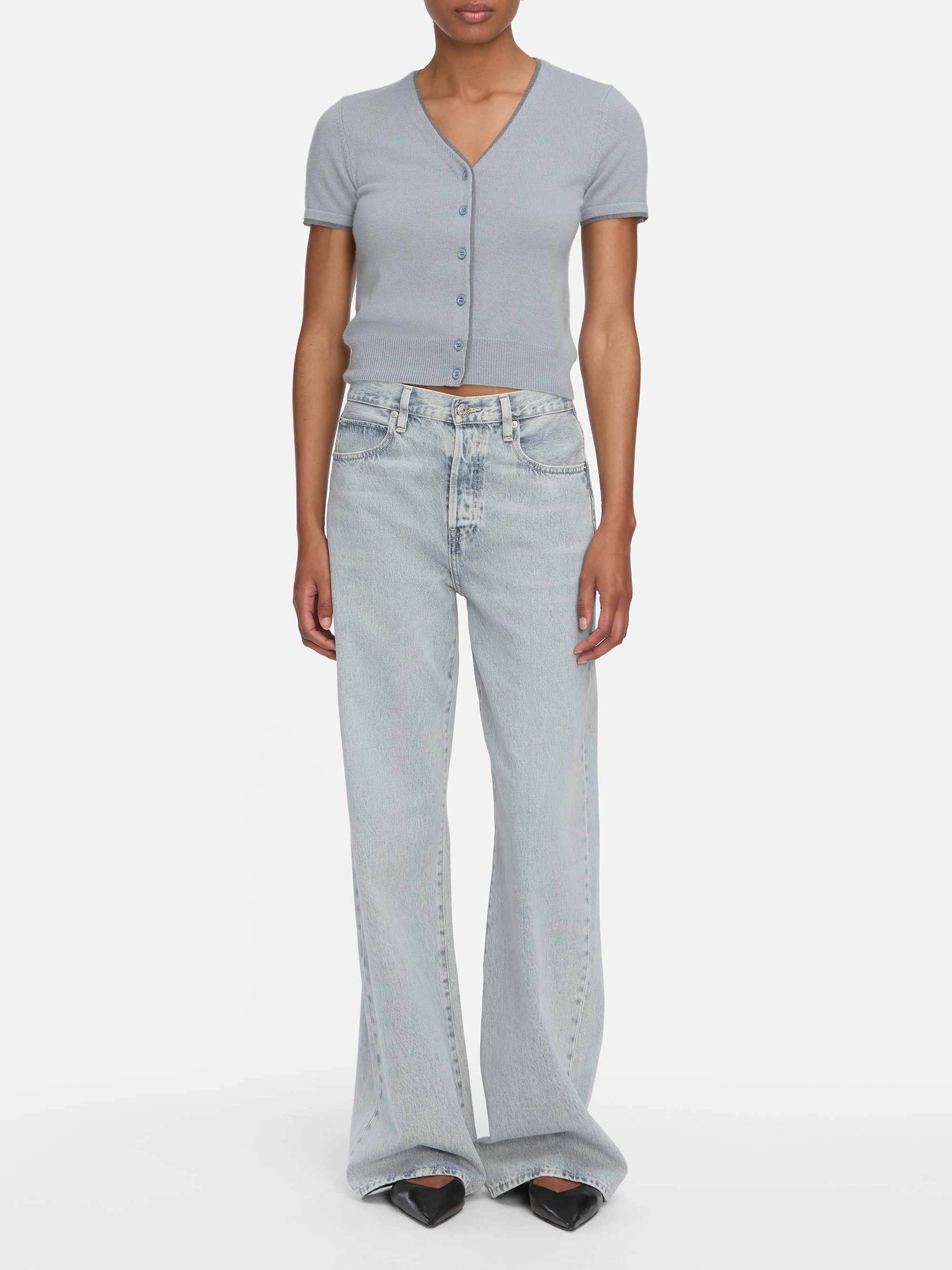 Knit Comfort Wear The Cashmere Mix Trim Cardi -- Grey Blue