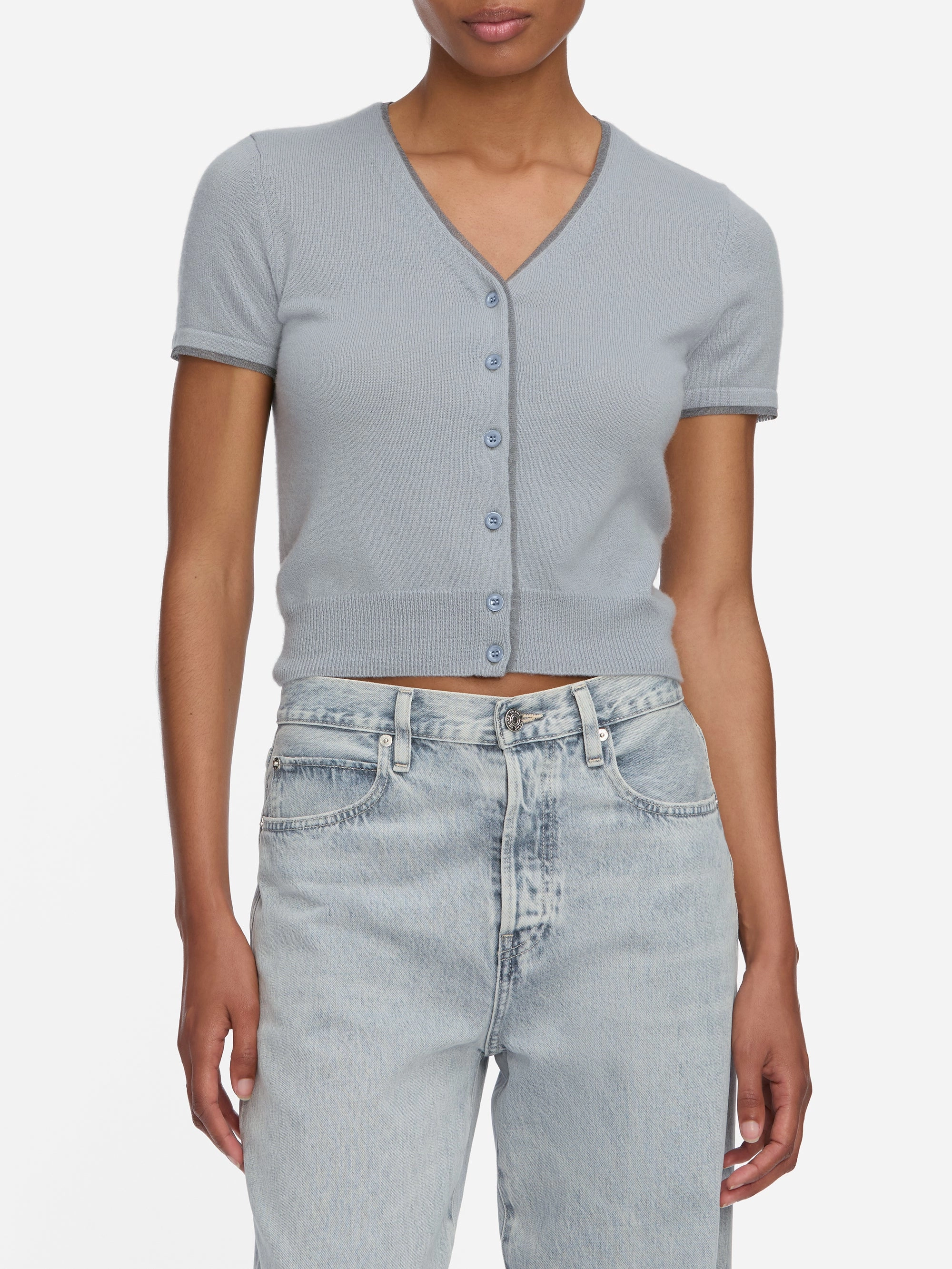 Knit Look The Cashmere Mix Trim Cardi -- Grey Blue